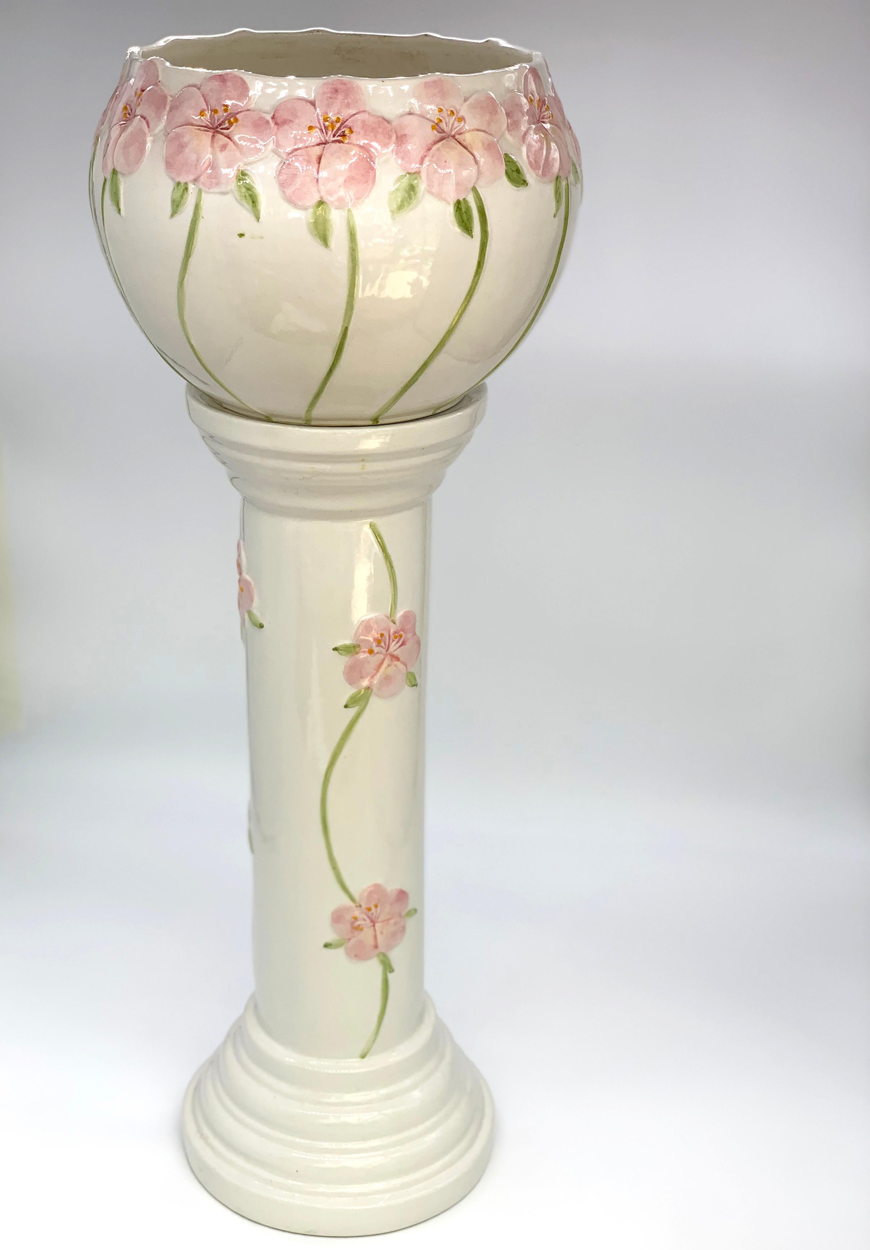 Decorative 20th Century White Porcelain Jardinière/ Flower Pot with Pink Flowers For Sale 1