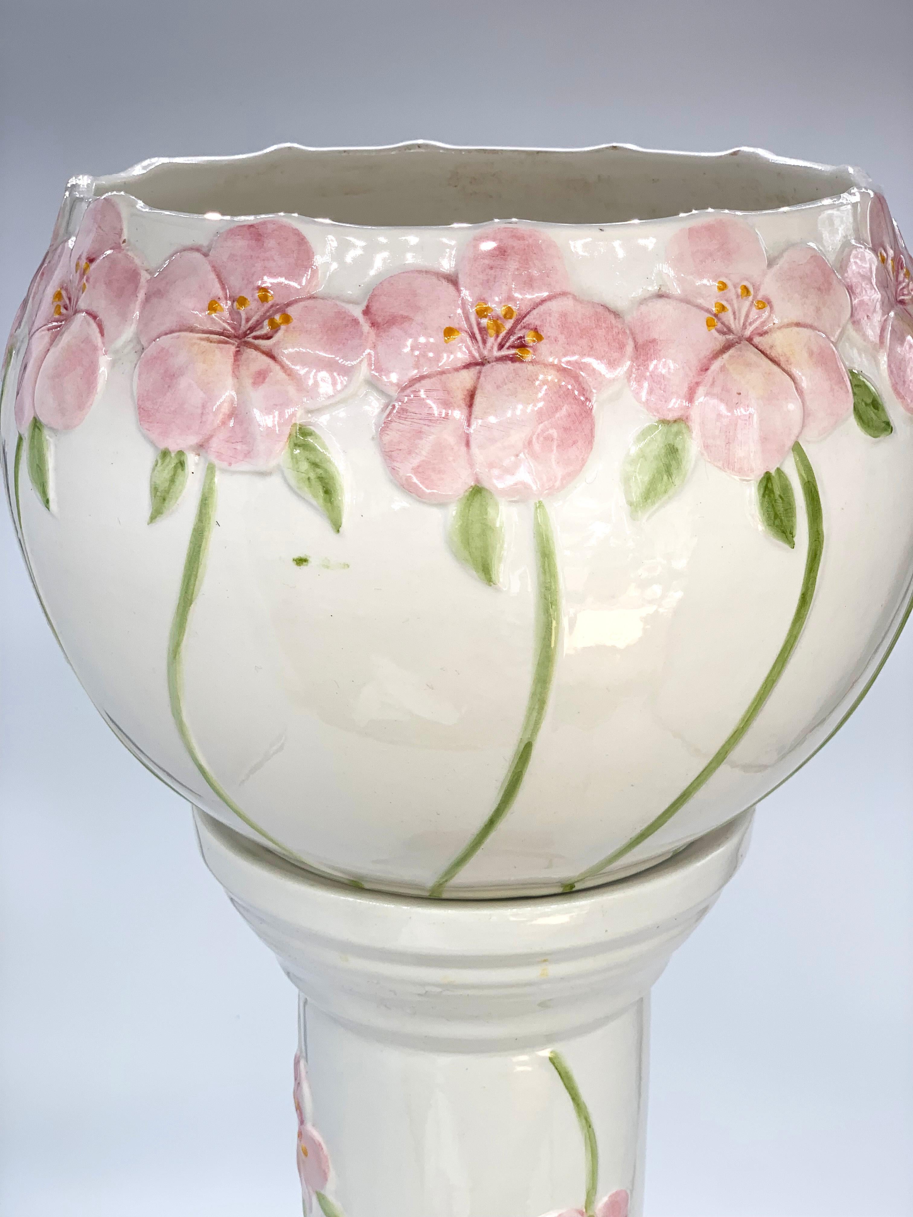 Decorative 20th Century White Porcelain Jardinière/ Flower Pot with Pink Flowers For Sale 2