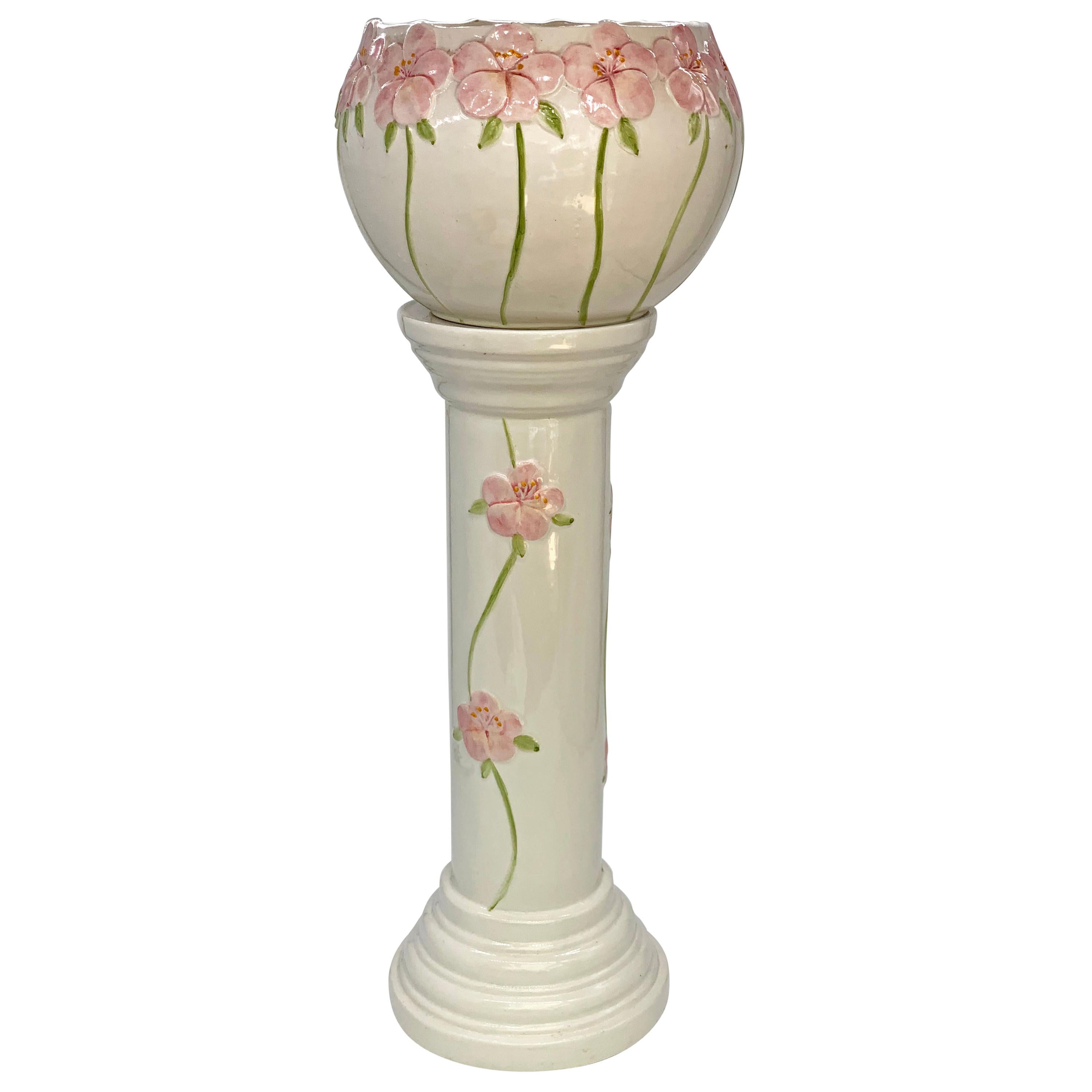 Decorative 20th Century White Porcelain Jardinière/ Flower Pot with Pink Flowers For Sale