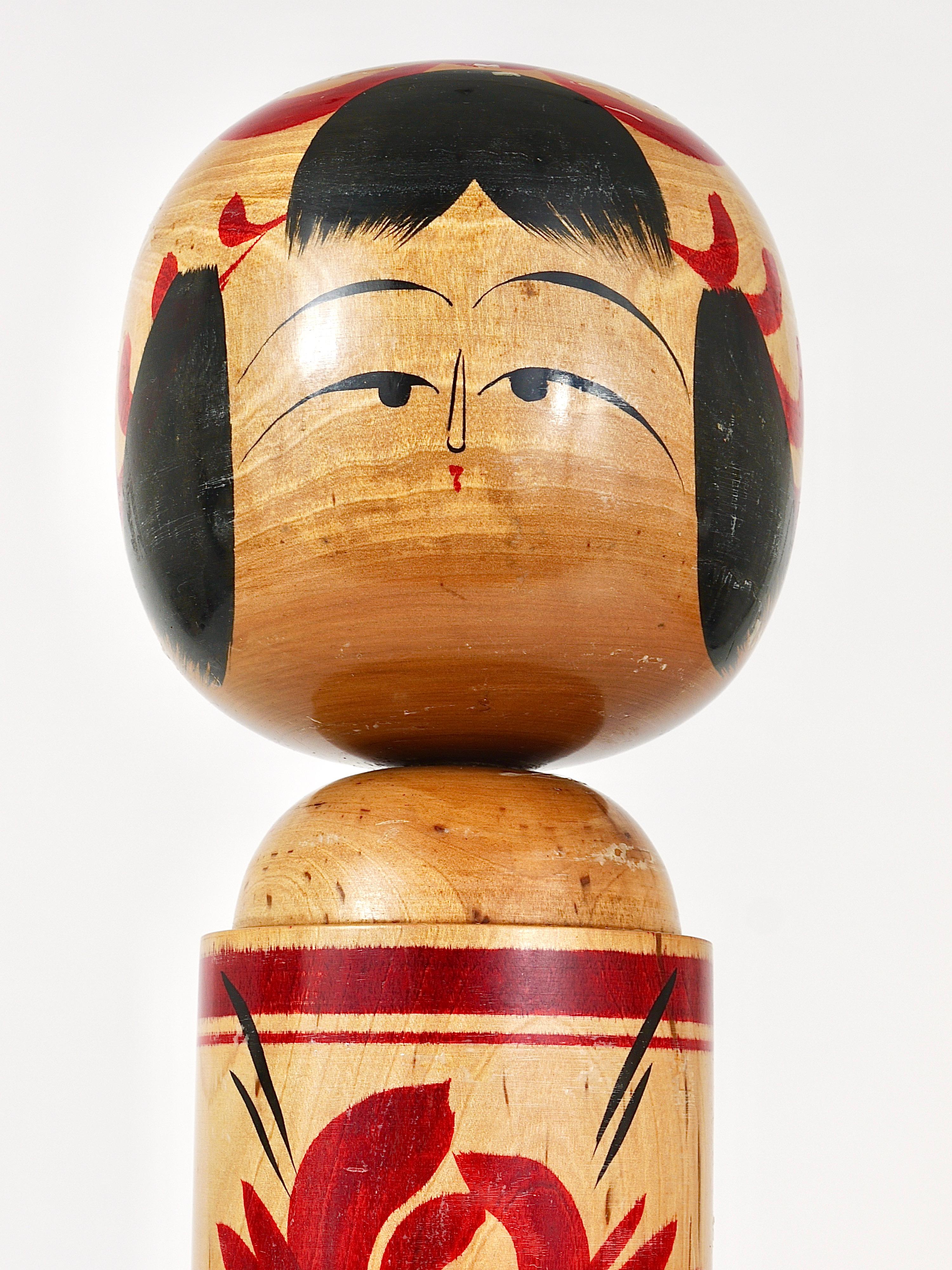 Edo Decorative Kokeshi Doll Sculpture from Northern Japan, Hand-Painted, Signed