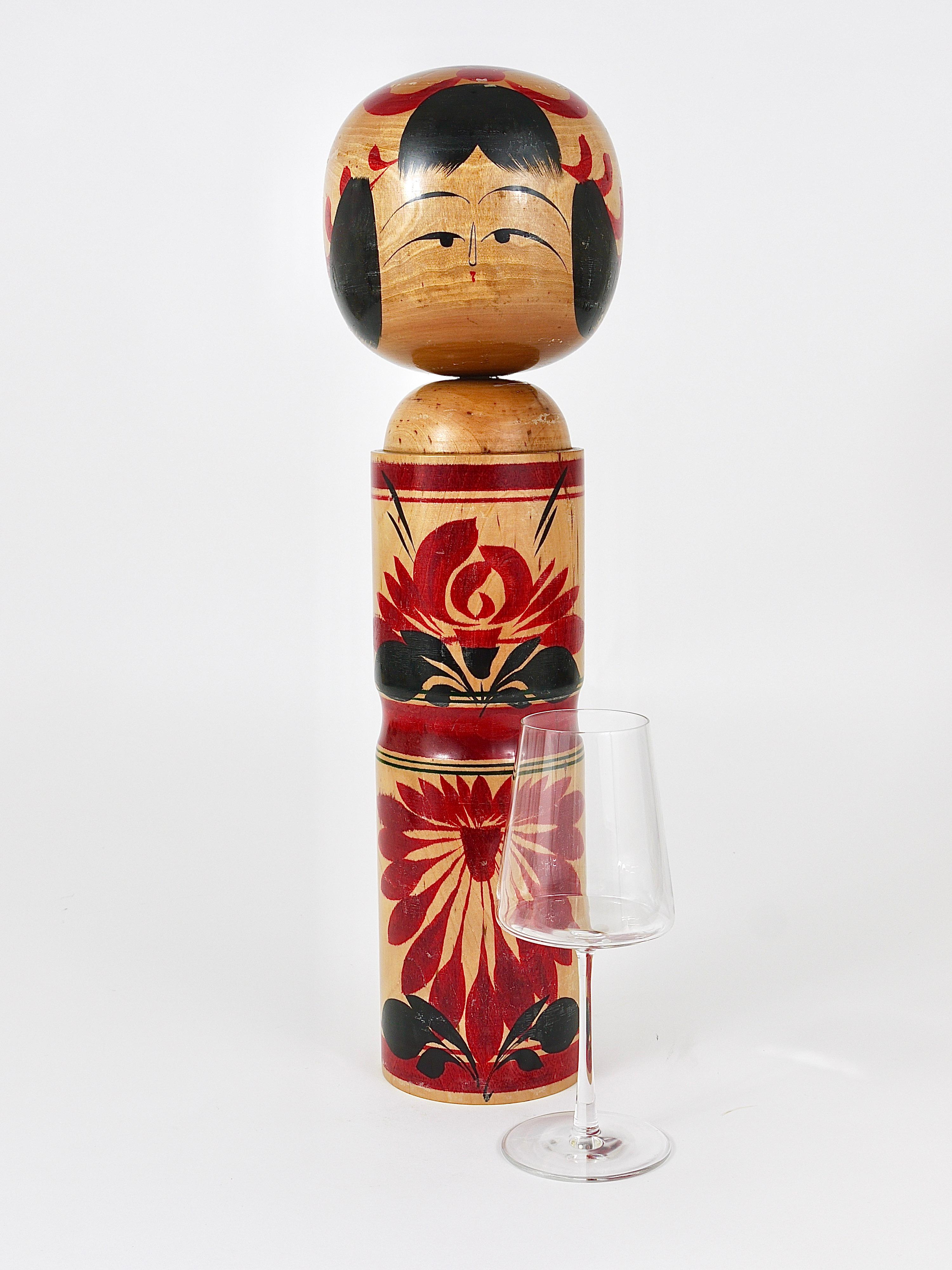 Hand-Carved Decorative Kokeshi Doll Sculpture from Northern Japan, Hand-Painted, Signed