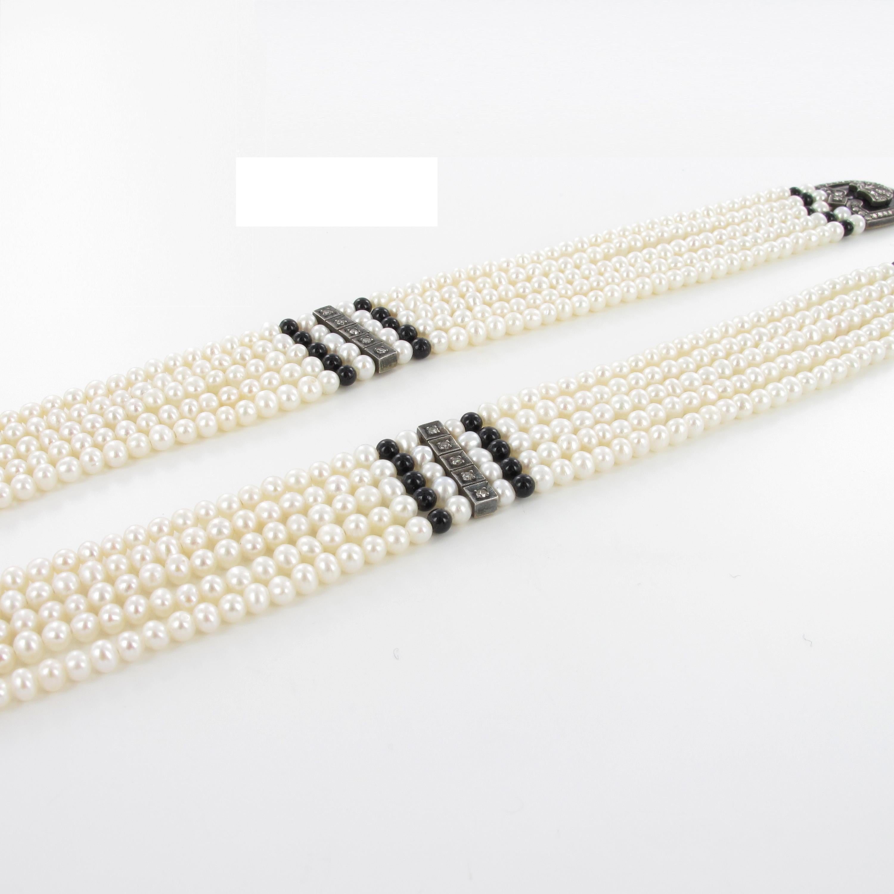 Artisan Decorative 5-Strand Cultured Pearl Necklace with Diamonds in Silver-Topped Gold For Sale