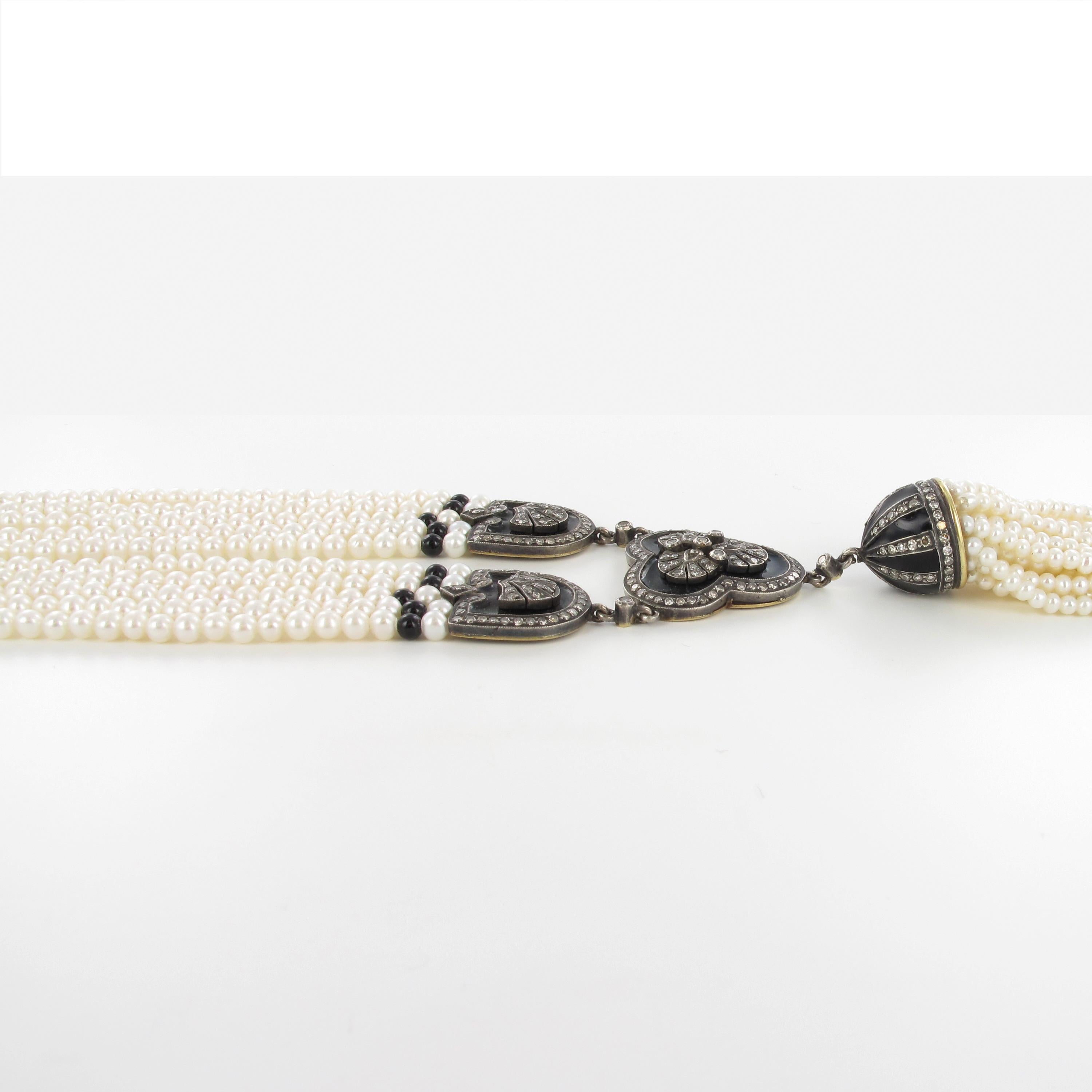 Collier décoratif à 5 brins de perles de culture avec diamants en or surmonté d'argent Bon état - En vente à Lucerne, CH