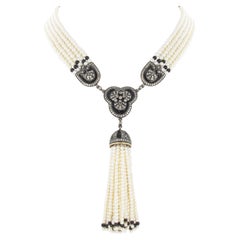 Dekorative 5-strangige Zuchtperlenkette mit Diamanten in Gold mit Silberüberzug
