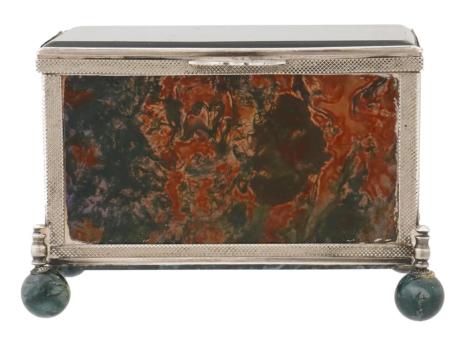 Unknown Decorative 925 silver glass moss agate trinket box For Sale