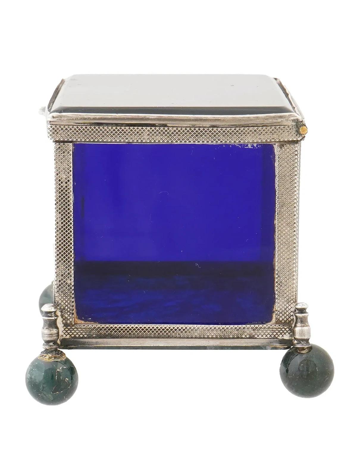Decorative 925 silver glass moss agate trinket box In Good Condition For Sale In Long Island City, NY