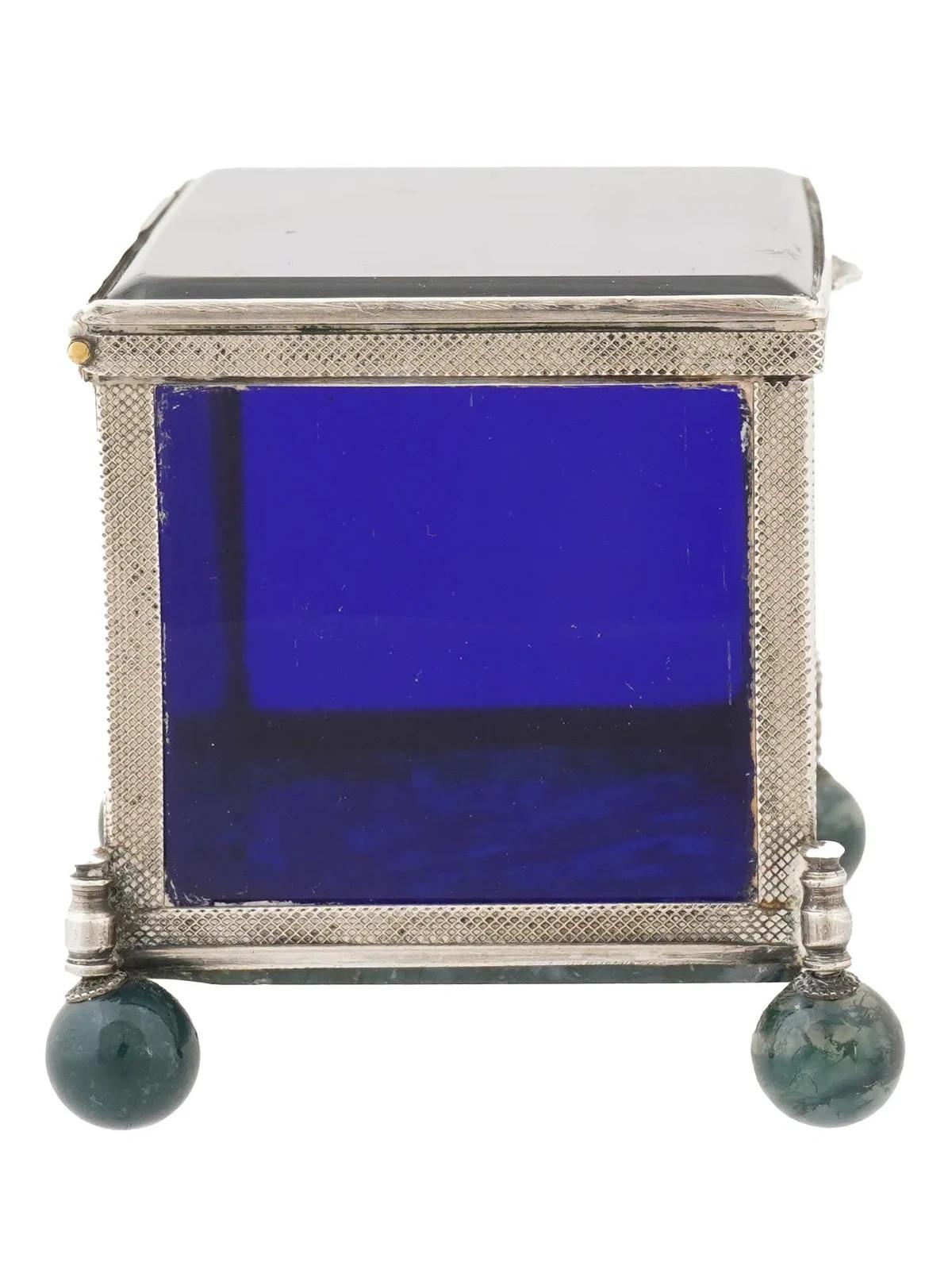 Glass Decorative 925 silver glass moss agate trinket box For Sale