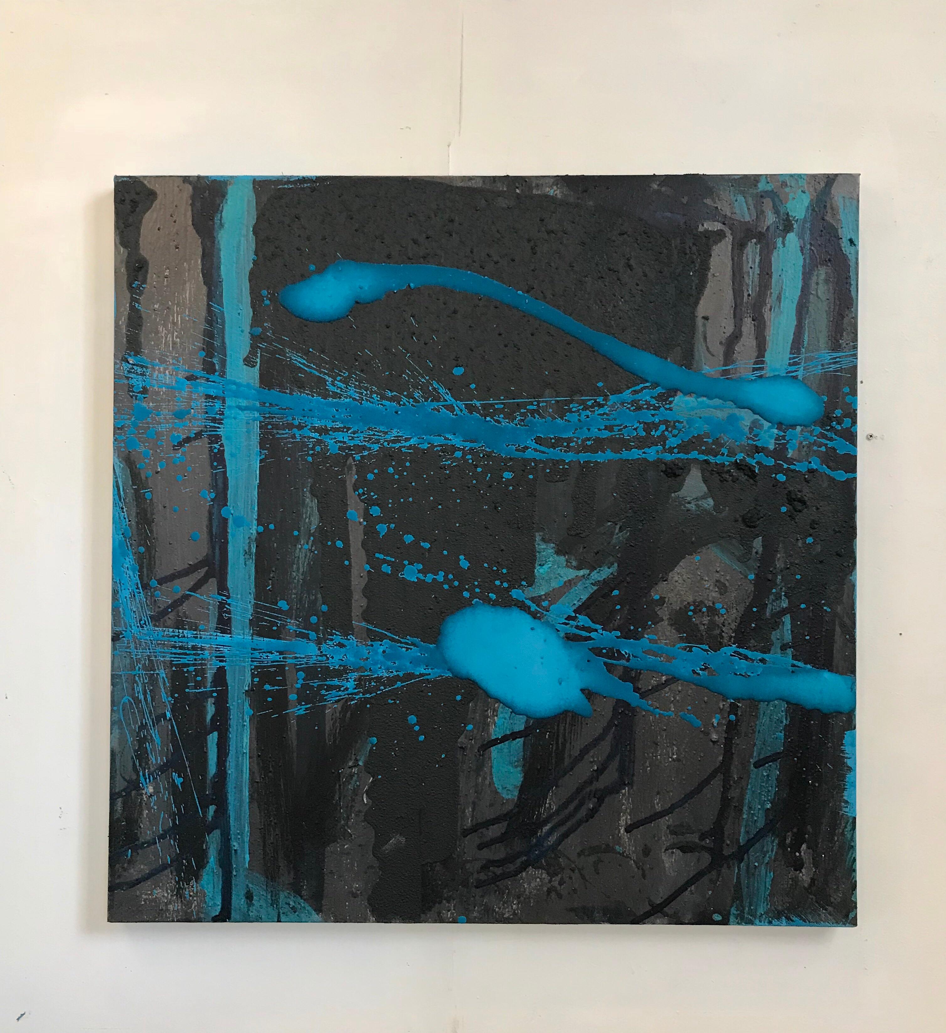 An abstract painting and fluid plaster study in deep browns and grays with vibrant top splatter layers of other worldly blue hues. Simple and organic abstract painting with no heavy handed intent. There is a twin plaster wash available as well as we