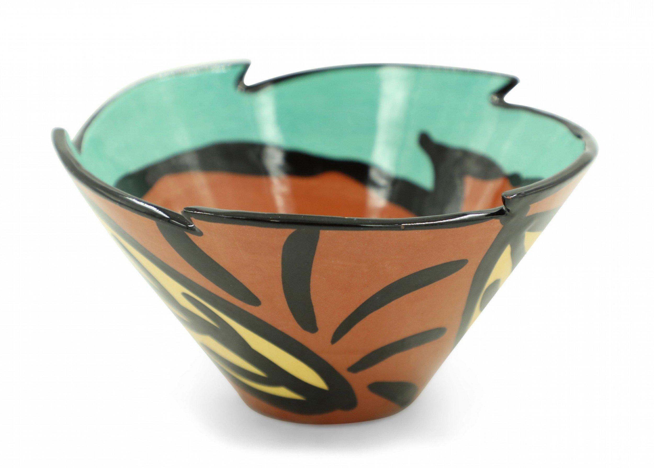 American Decorative Abstract Rim Leaf Design Glazed Ceramic Bowl For Sale