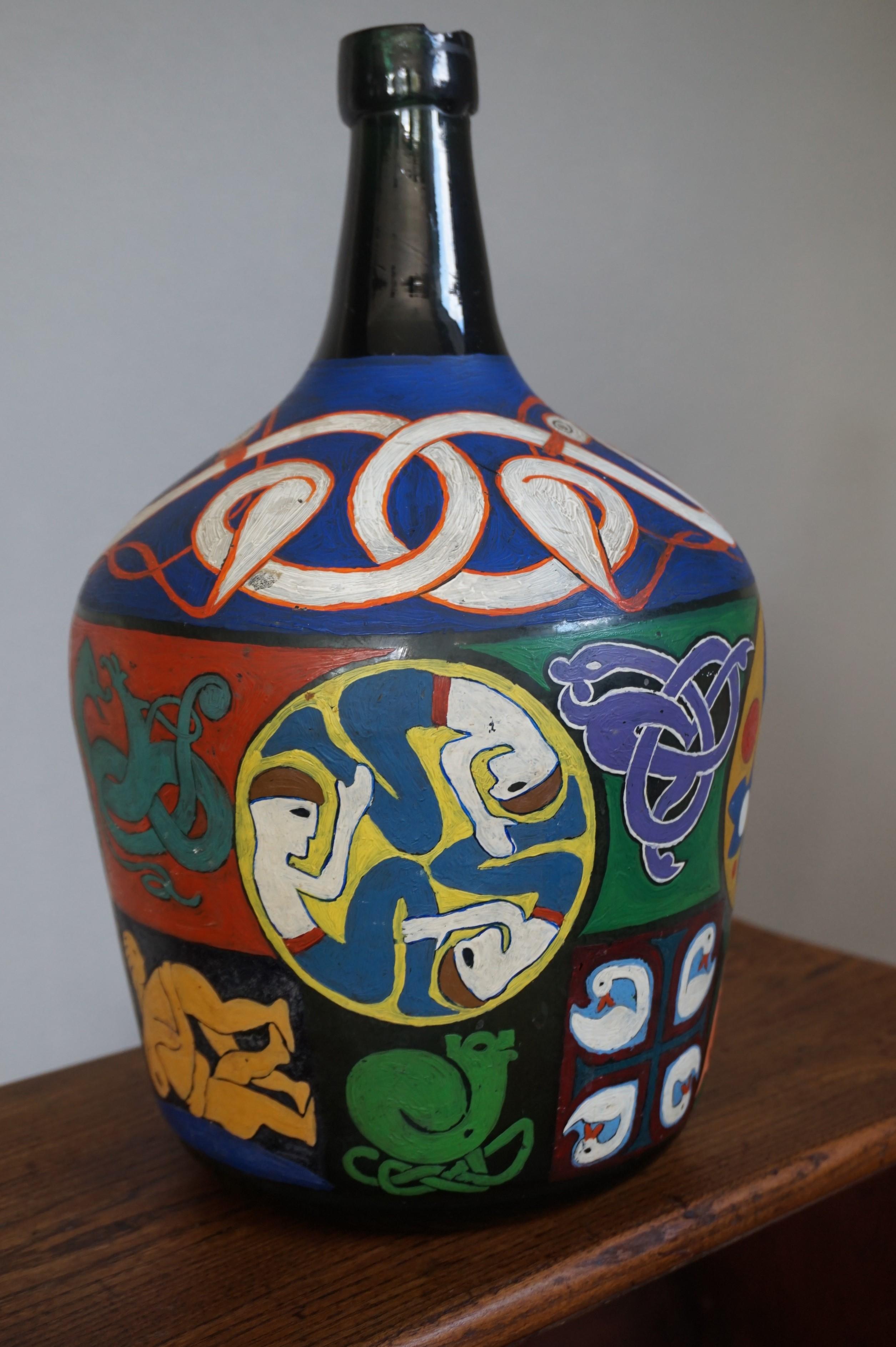 Decorative and Artistic Hand-Painted Bottle Folk Art with Colorful Symbolism For Sale 3