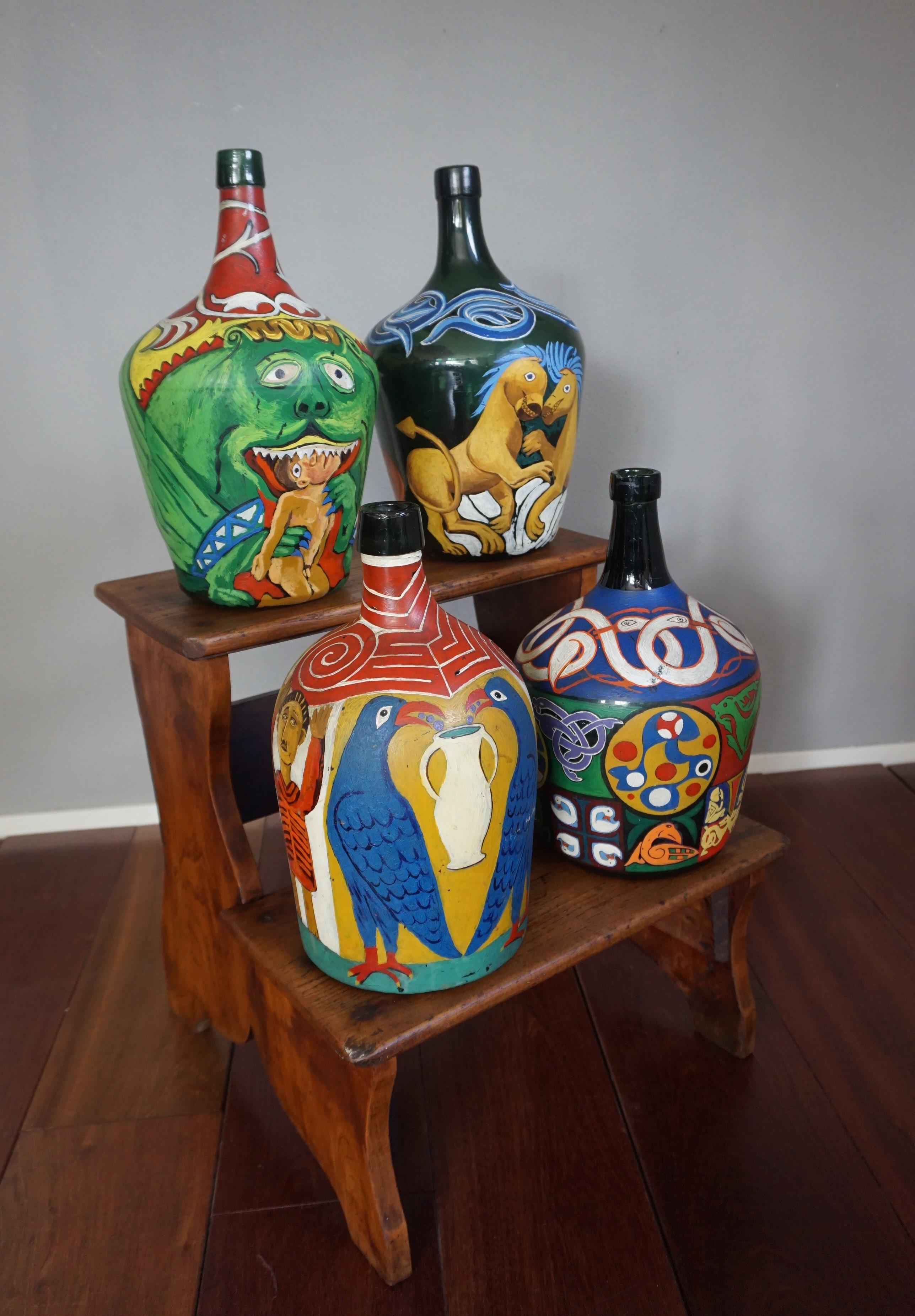 Decorative and Artistic Hand-Painted Bottle Folk Art with Colorful Symbolism For Sale 8