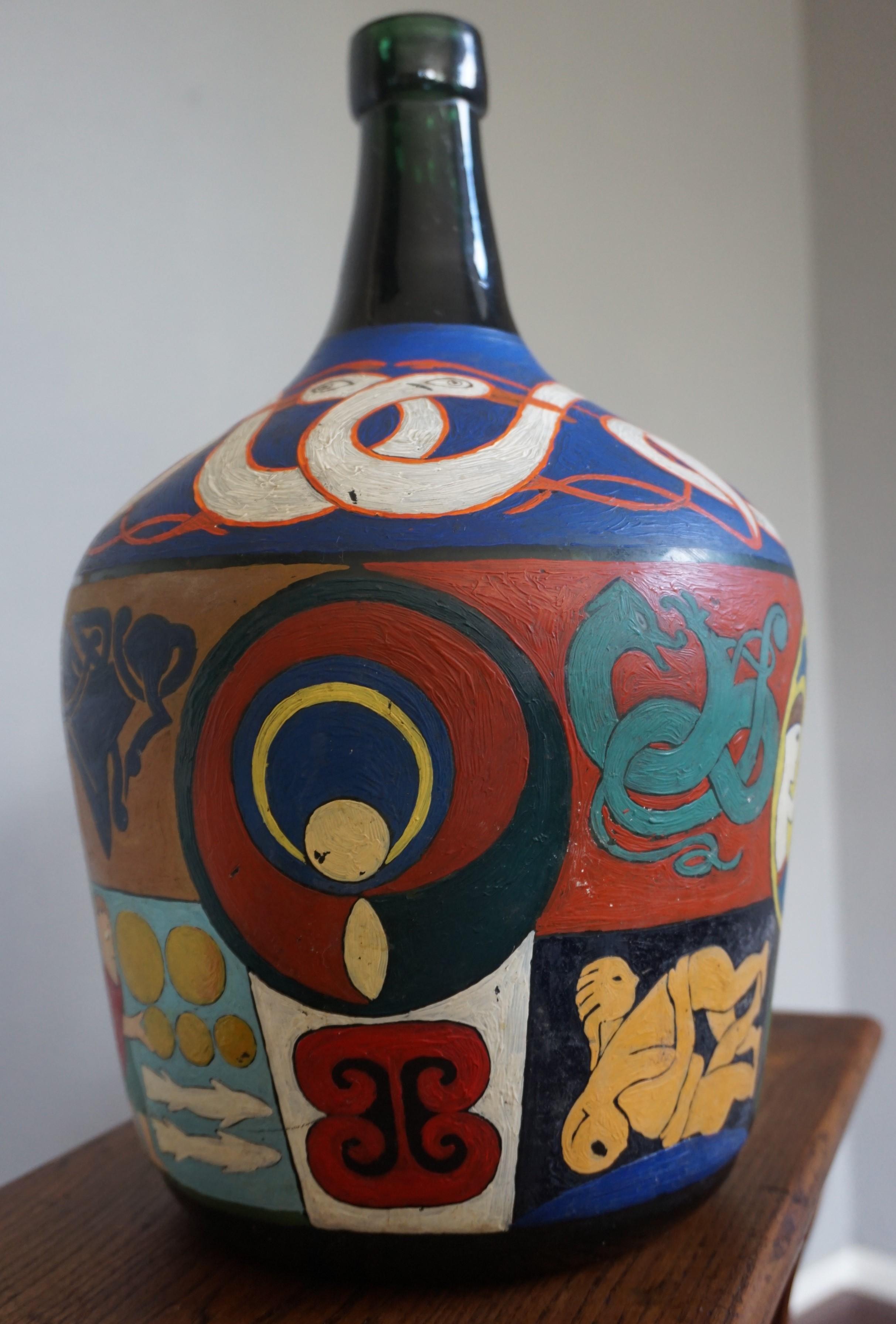Rare and very artistic Folk Art.

This artistic, vibrant, decorative and meaningful work of Folk Art is a real eyecatcher and a talking piece. We recently acquired this painted Folk Art bottle and three more of the same size (but with different