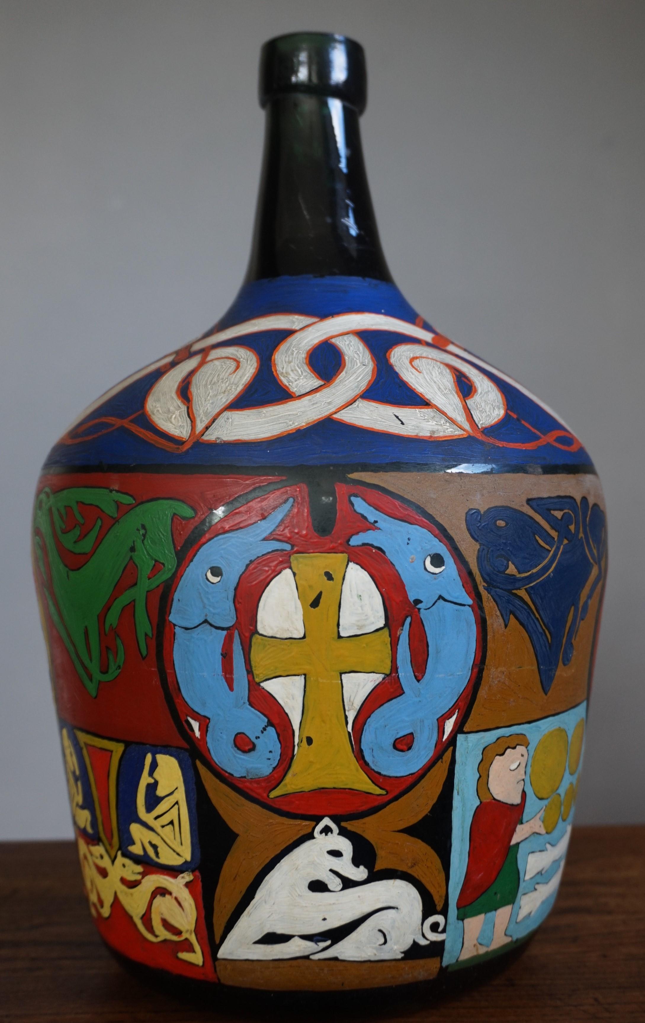 European Decorative and Artistic Hand-Painted Bottle Folk Art with Colorful Symbolism For Sale