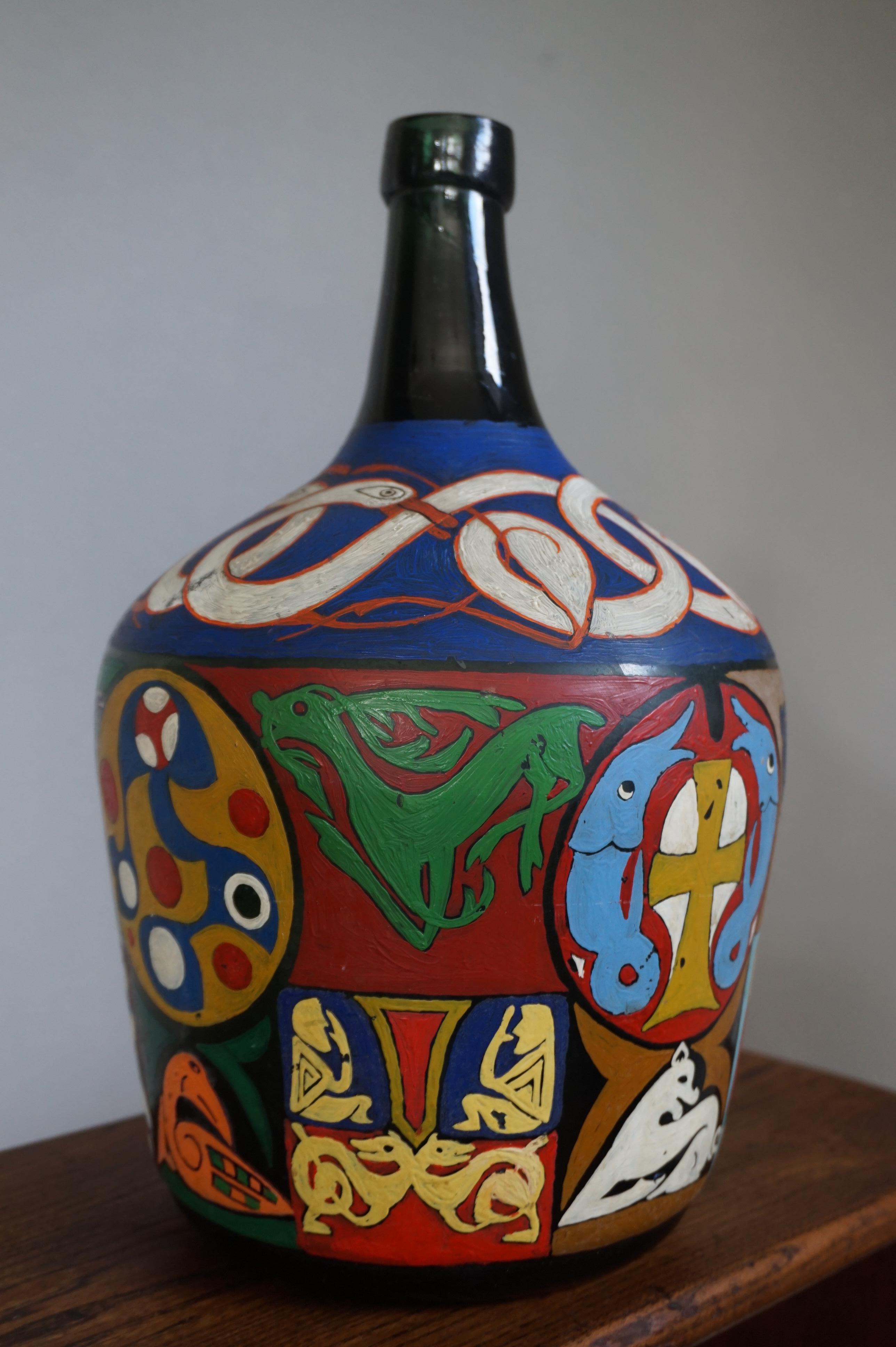 Decorative and Artistic Hand-Painted Bottle Folk Art with Colorful Symbolism In Excellent Condition For Sale In Lisse, NL