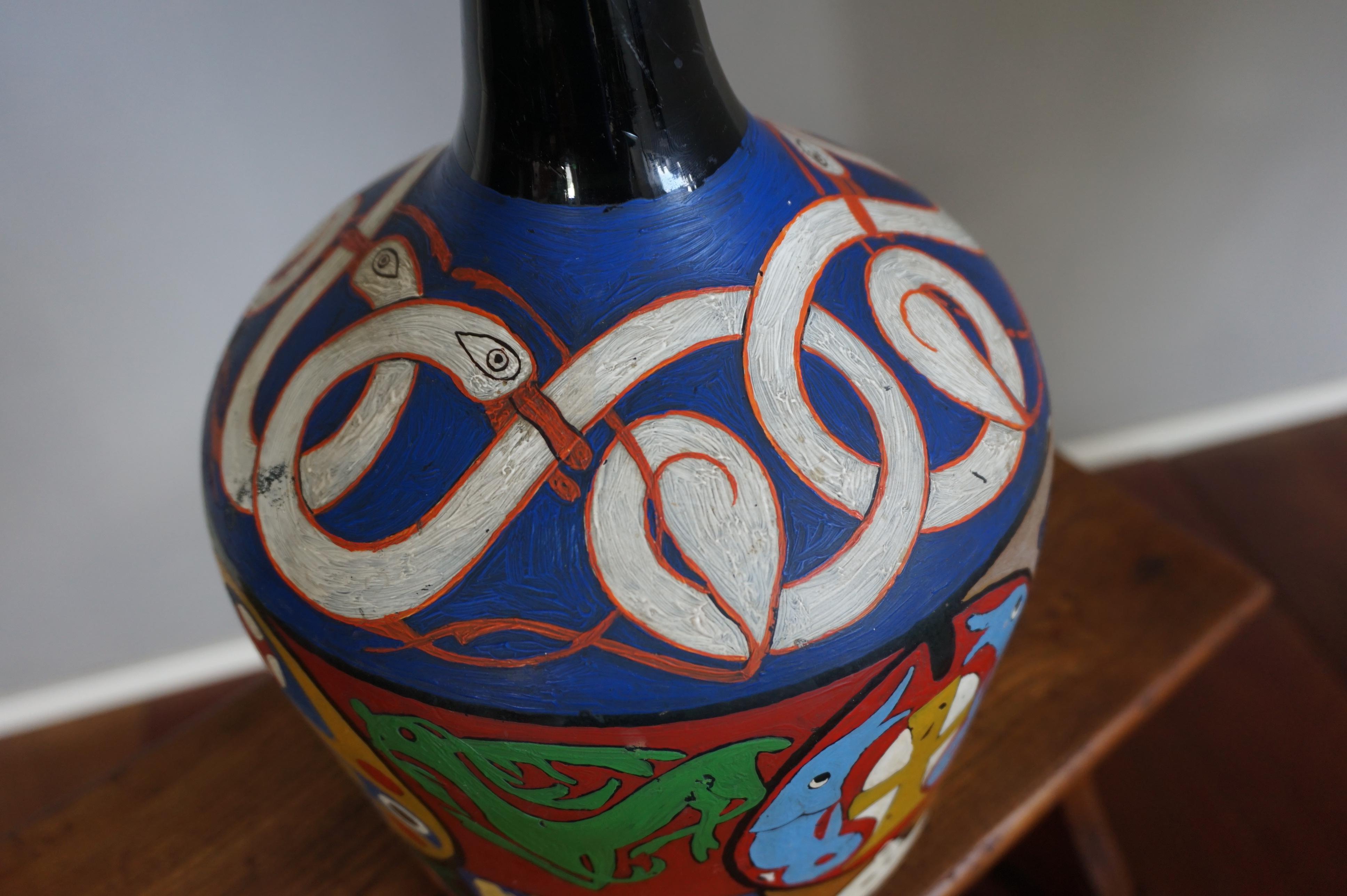 20th Century Decorative and Artistic Hand-Painted Bottle Folk Art with Colorful Symbolism For Sale