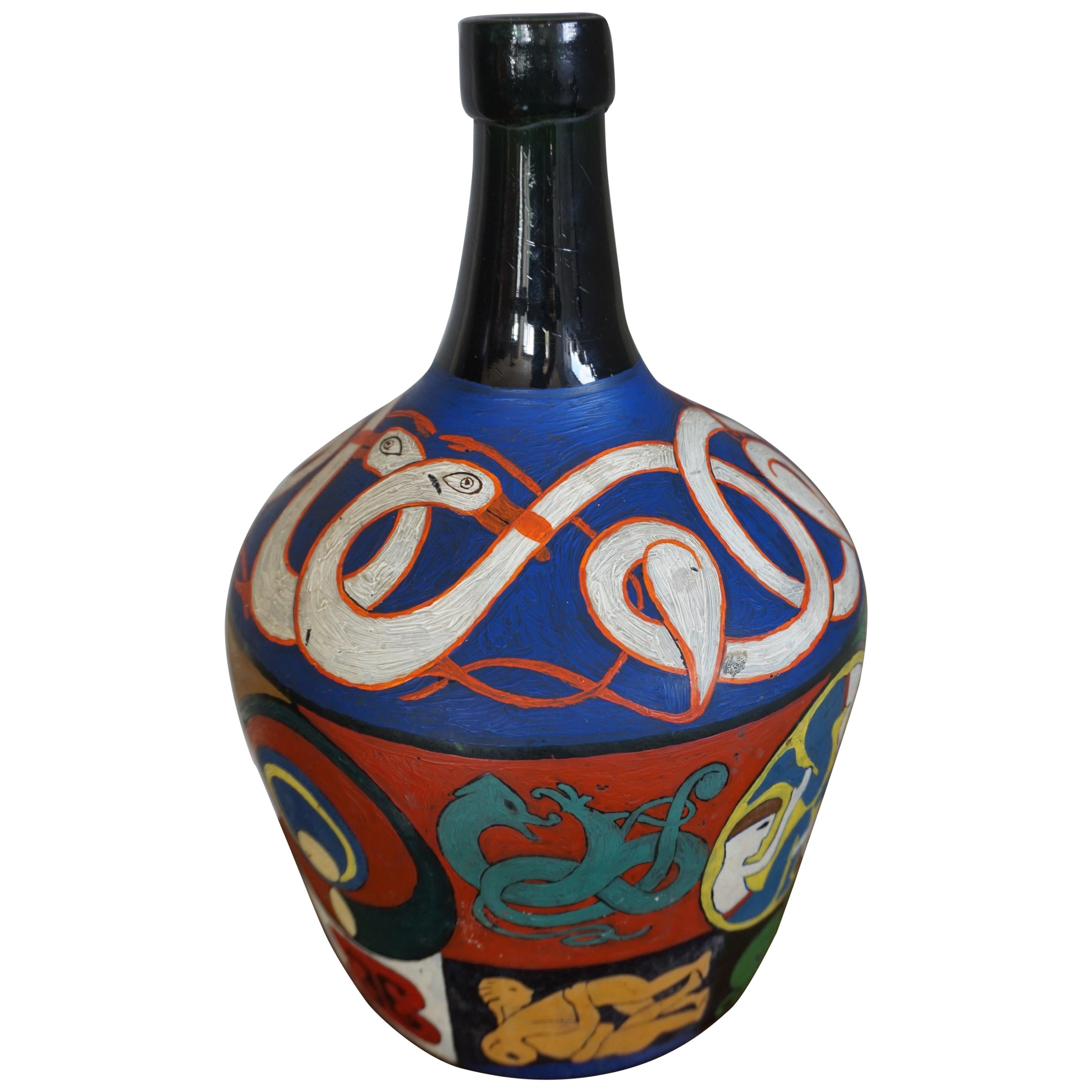 Decorative and Artistic Hand-Painted Bottle Folk Art with Colorful Symbolism For Sale