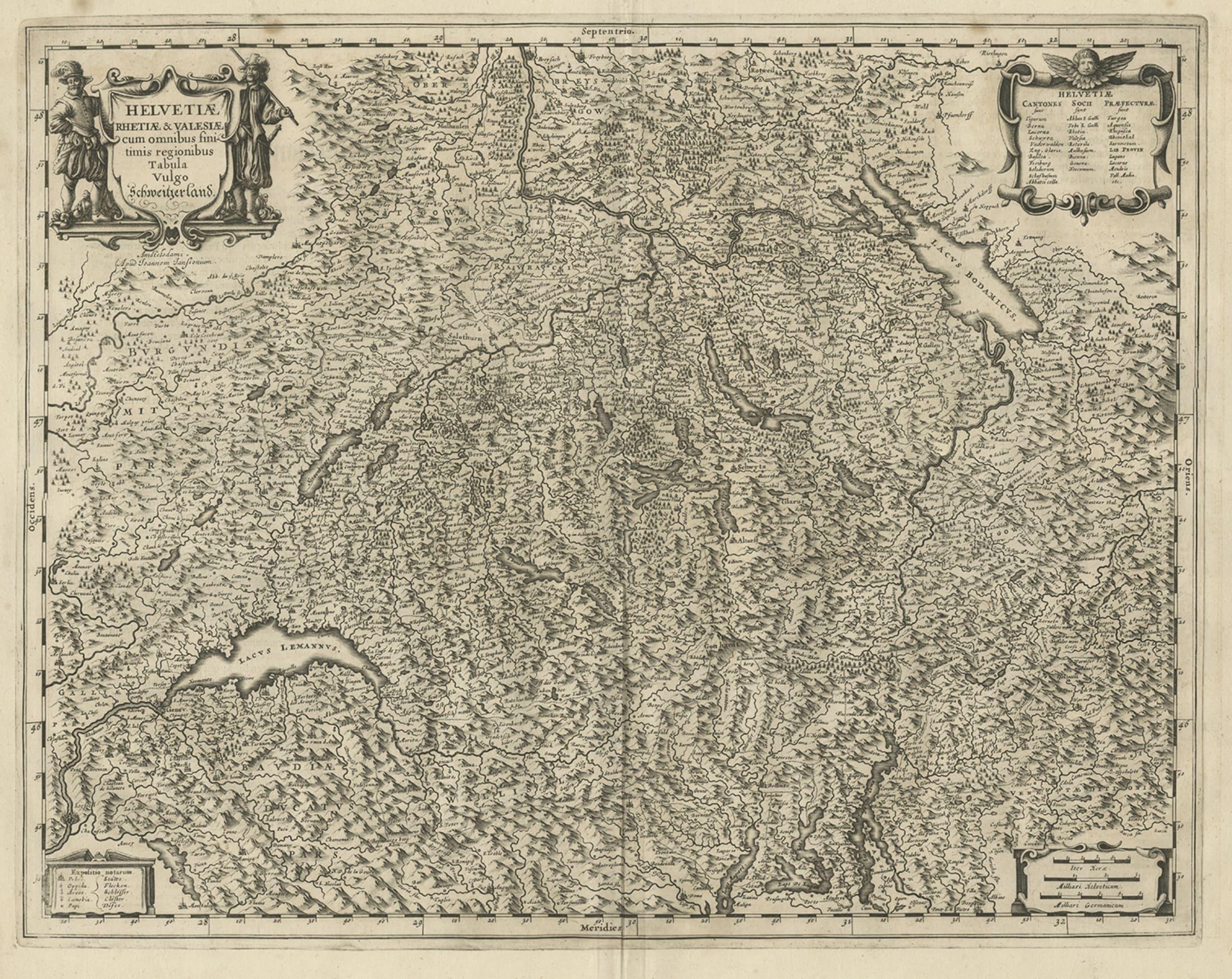 Antique map of Switzerland titled 'Helvetiae Rhetiae & Valesiae'. 

Decorative and detailed map of Switzerland. This map originates from 'Atlas Novus, Sive Theatrum Orbis Orbis Terrarum: In quo Galliae, Helvetiae (..)' by J. Janssonius