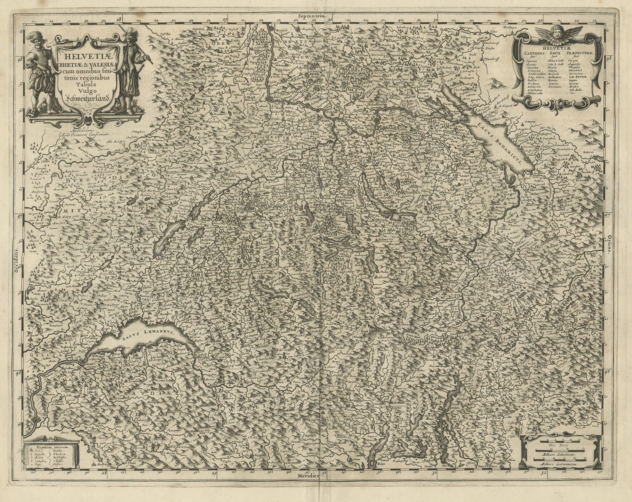 Antike Karte der Schweiz mit dem Titel 'Helvetiae Rhetiae & Valesiae'. 

Dekorative und detaillierte Karte der Schweiz. Diese Karte stammt aus dem 