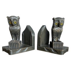 Antique and Good Size Early 20th Century Arts and Crafts Carved Owl Bookends