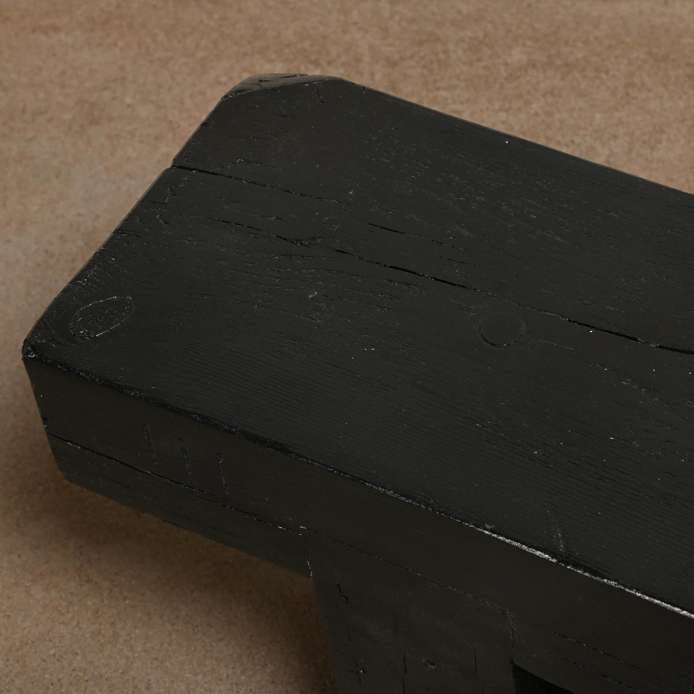 Decorative and Graphical Bench or Side Table in Black Stained Solid Pine Wood For Sale 4