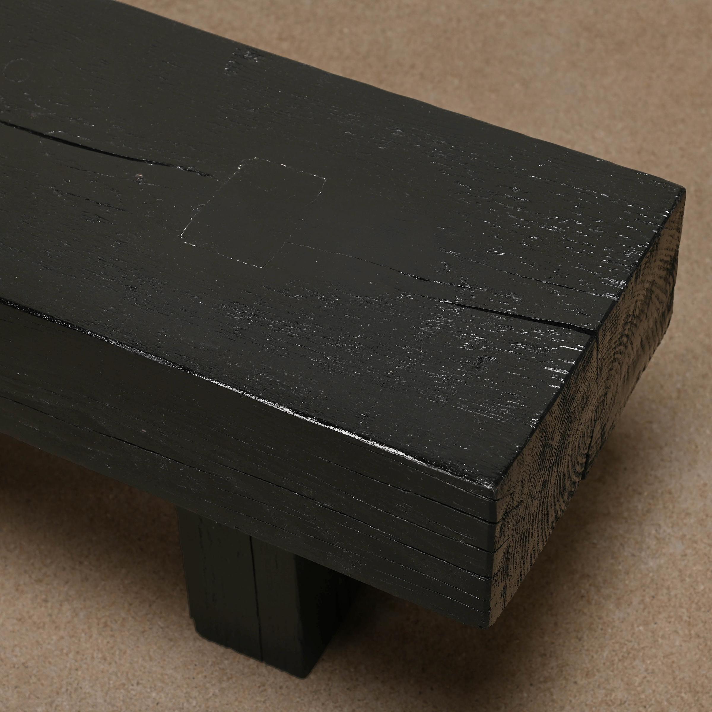 Decorative and Graphical Bench or Side Table in Black Stained Solid Pine Wood For Sale 5