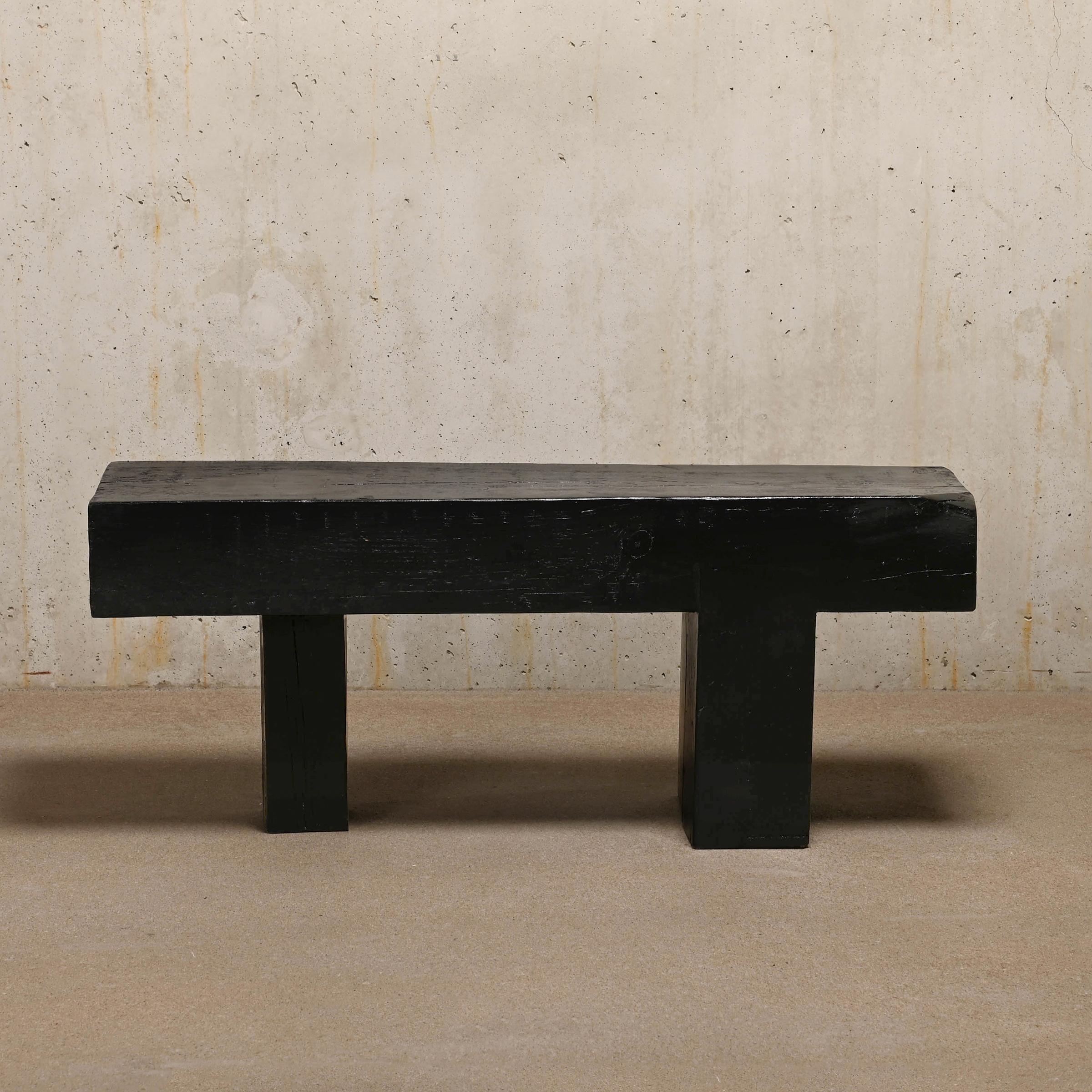 Contemporary Decorative and Graphical Bench or Side Table in Black Stained Solid Pine Wood For Sale