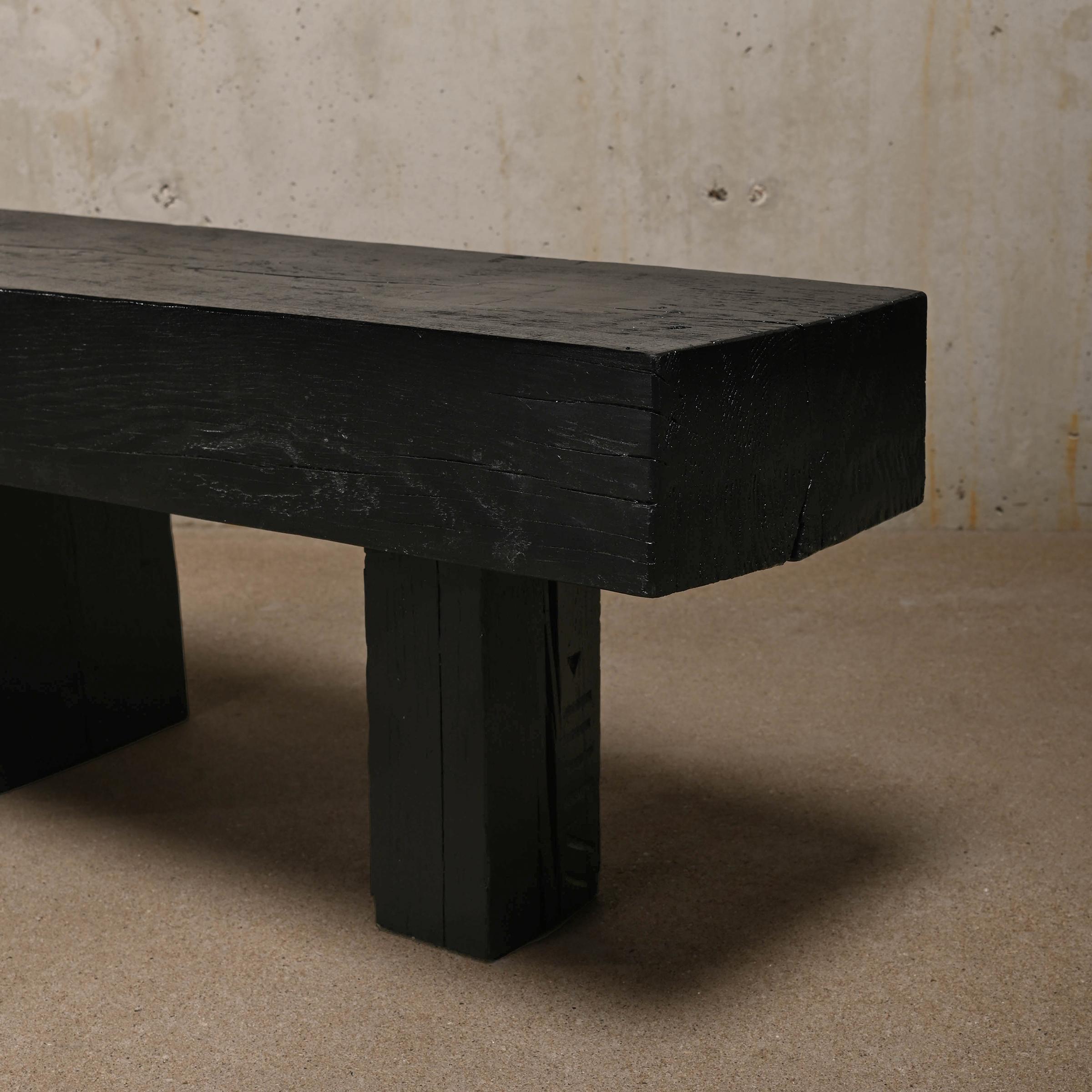 Decorative and Graphical Bench or Side Table in Black Stained Solid Pine Wood For Sale 1