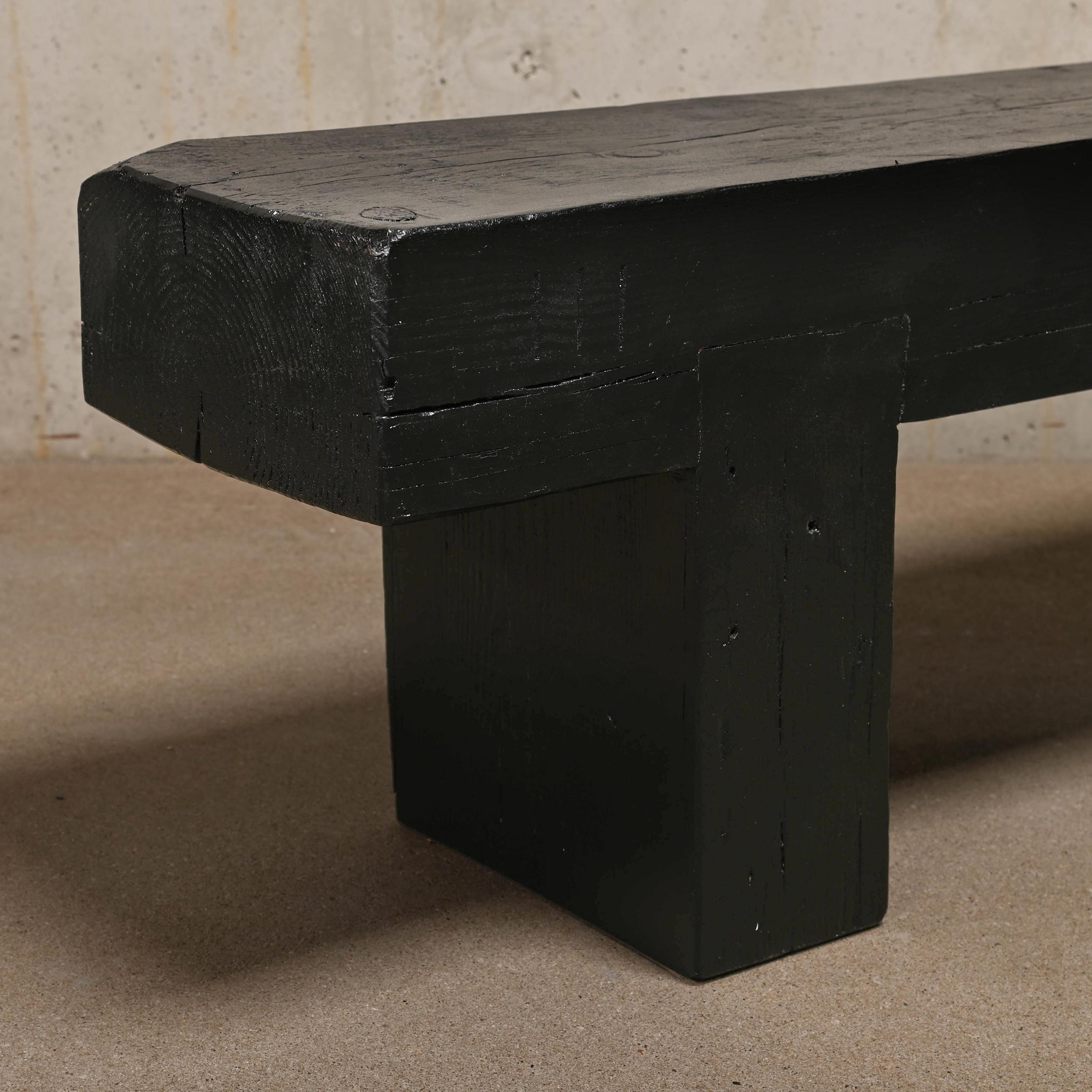 Decorative and Graphical Bench or Side Table in Black Stained Solid Pine Wood For Sale 2