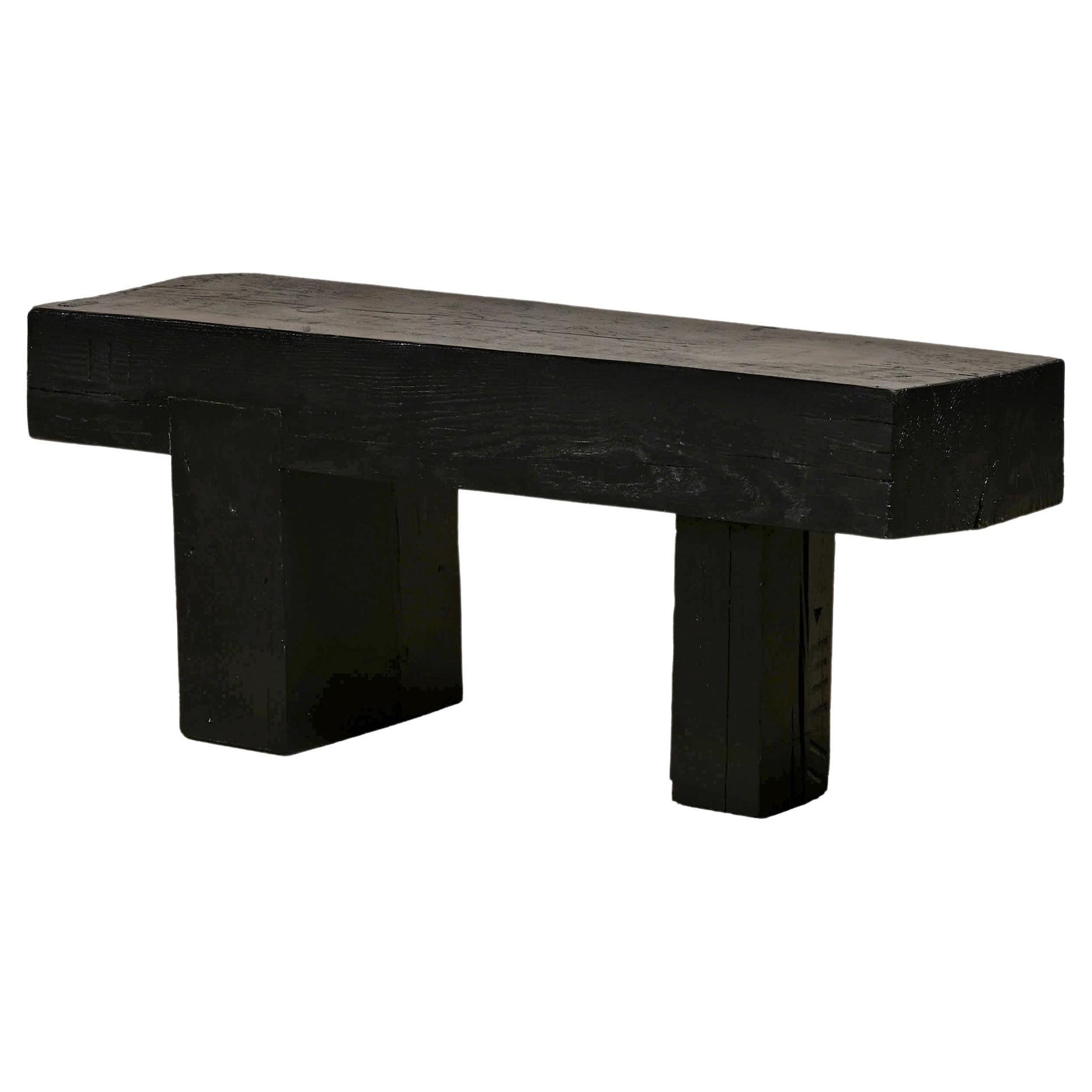 Decorative and Graphical Bench or Side Table in Black Stained Solid Pine Wood For Sale