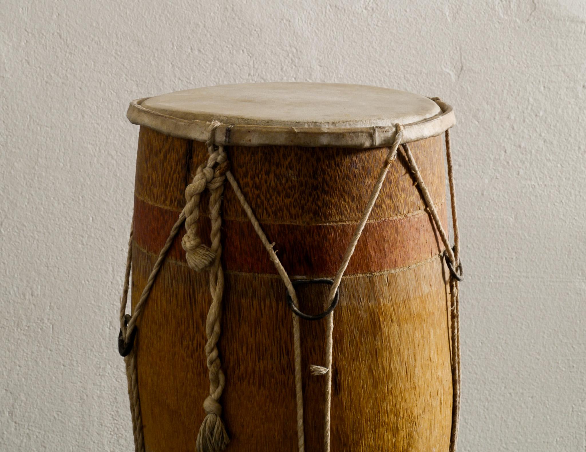 20th Century Decorative and Mid Century African Hand Made Wooden and Hide Tribal Drum, 1900s For Sale