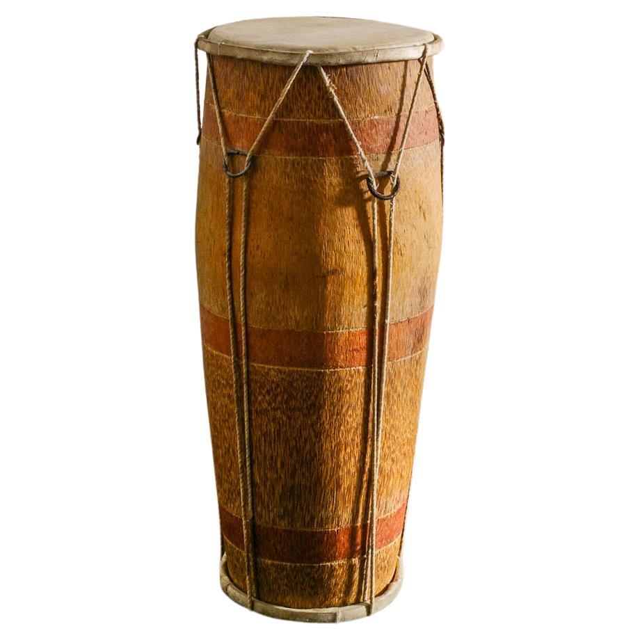 Decorative and Mid Century African Hand Made Wooden and Hide Tribal Drum, 1900s For Sale