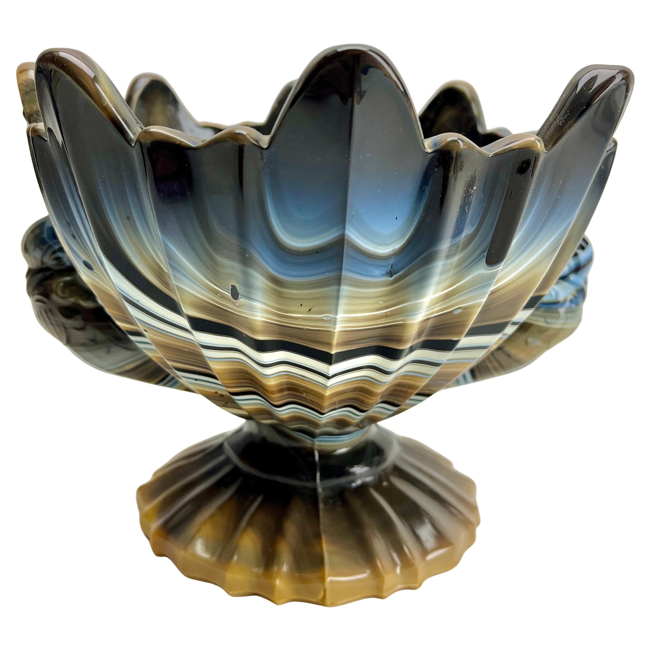 Fine decorative and ornate art deco bowl with bird handles (presumably doves), Reissue (originally 1930's) in slag glass, dating from the 1970's, by the Glass Factory 'Steklarna Hrastnik' ( 1860 - present) of the pressed glass bowl produced in the