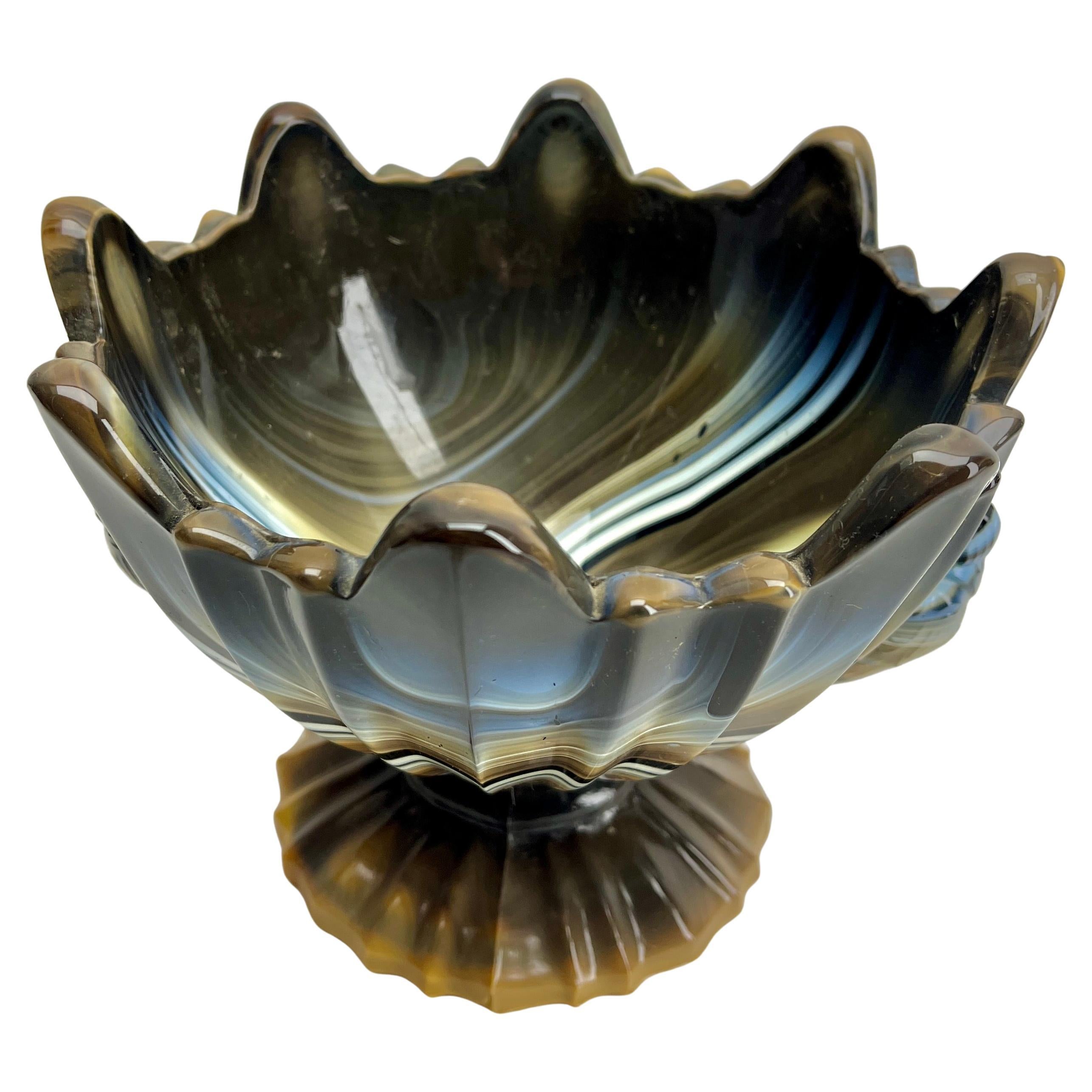 Hand-Crafted Decorative and ornate art deco bowl with bird handles Steklarna Hrastnik For Sale