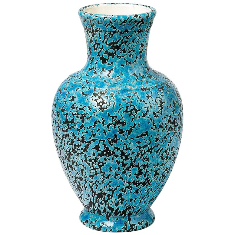 Dekorative blaue Keramikvase aus der Mitte des Jahrhunderts, datiert 1965