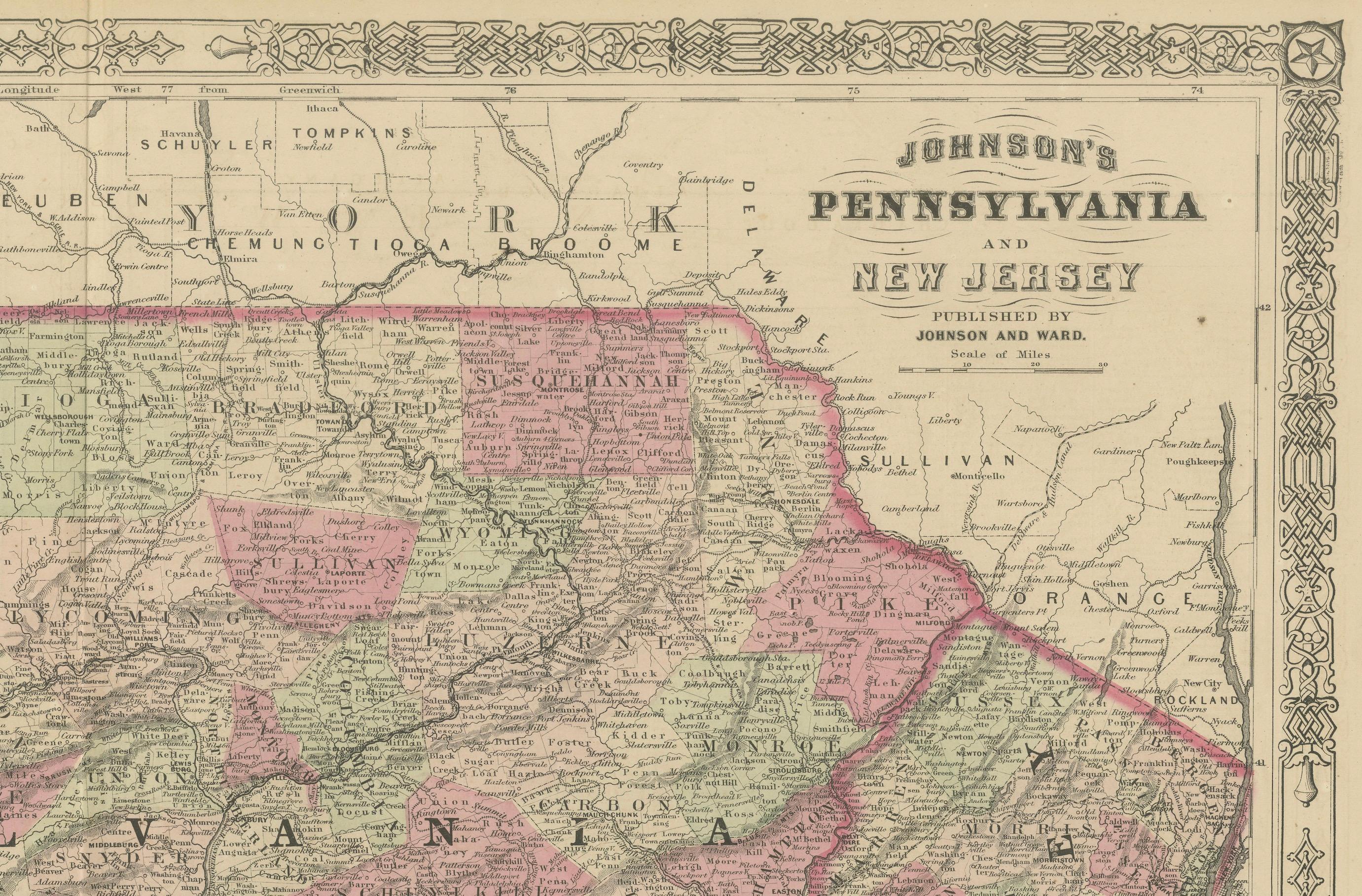 Titre : Carte historique de la guerre civile de 1864 de la Pennsylvanie et du New Jersey avec accent sur la côte

Description : Cette carte ancienne méticuleusement travaillée, intitulée 