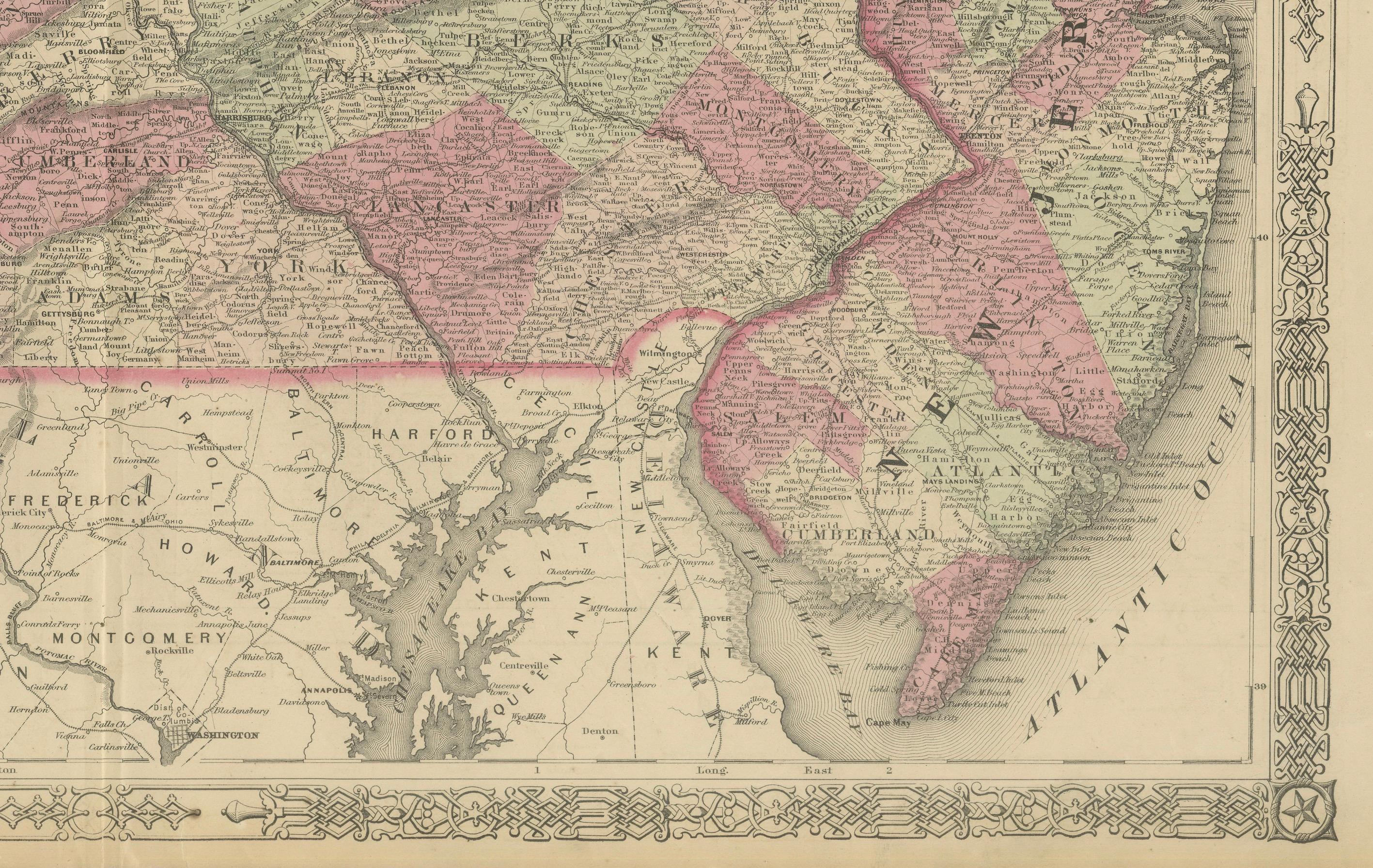 Carte historique de la guerre civile de 1864 de la Pennsylvanie et du New Jersey avec accent sur la côte Bon état - En vente à Langweer, NL