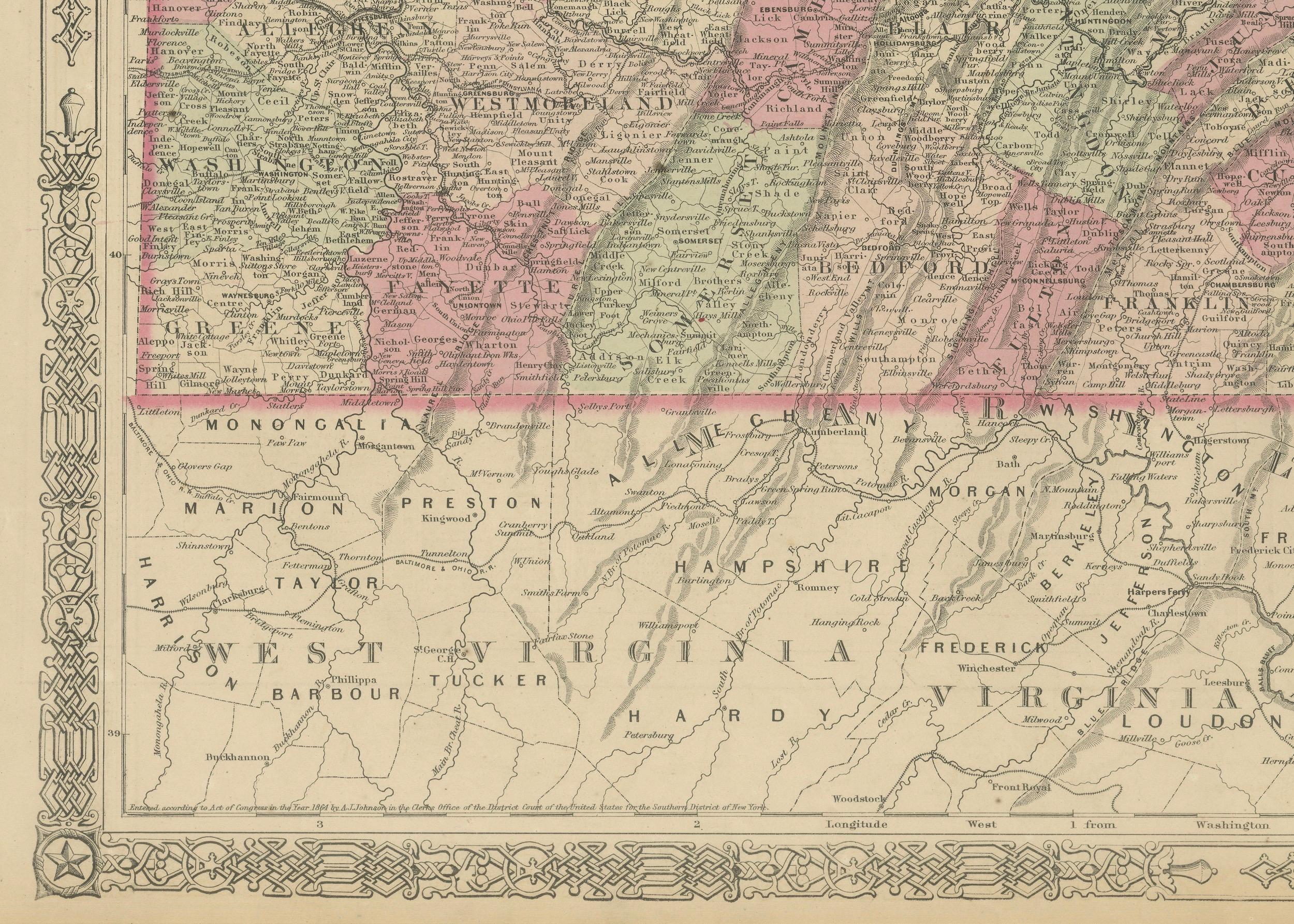 Milieu du XIXe siècle Carte historique de la guerre civile de 1864 de la Pennsylvanie et du New Jersey avec accent sur la côte en vente