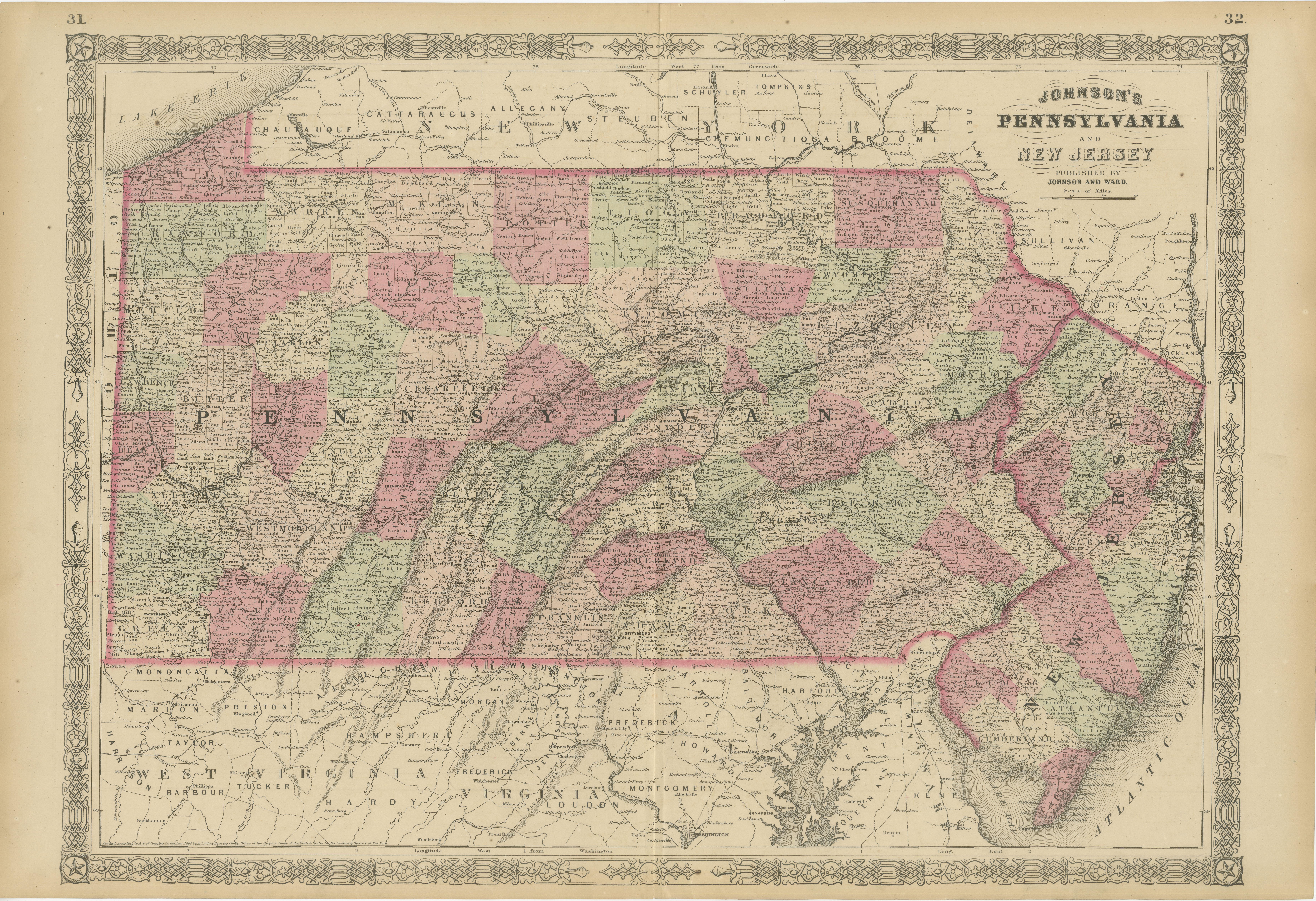 Carte historique de la guerre civile de 1864 de la Pennsylvanie et du New Jersey avec accent sur la côte en vente 3