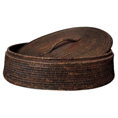 Grand panier de rangement décoratif et rustique en rotin et bois avec couvercle  