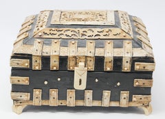 Antique 19th c. Decorative Anglo-Indian Overlay Footed Box with Engraved Bone