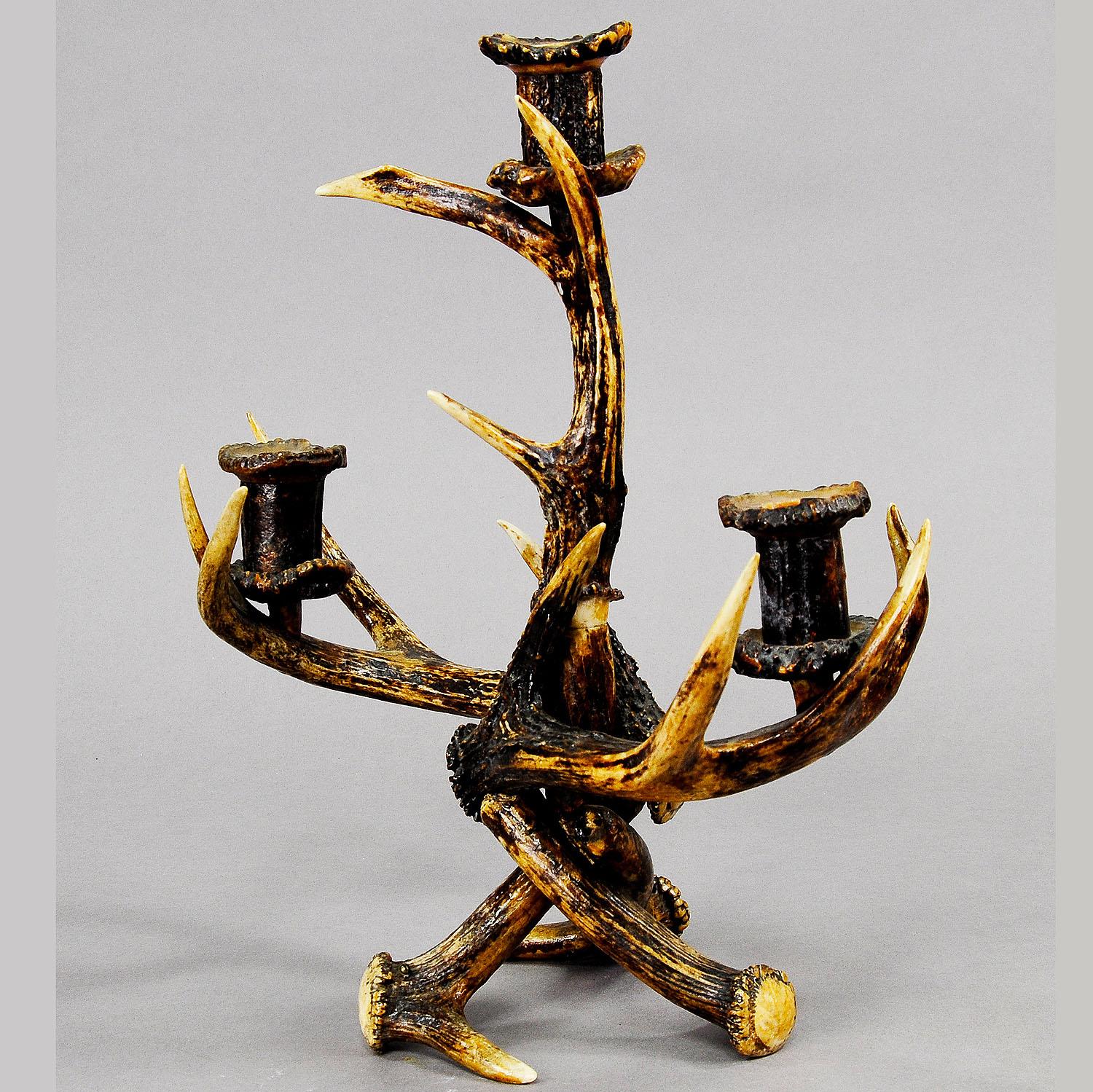 Rustic Decorative Antique Antler Candelabra with Three Spouts, 1900 For Sale