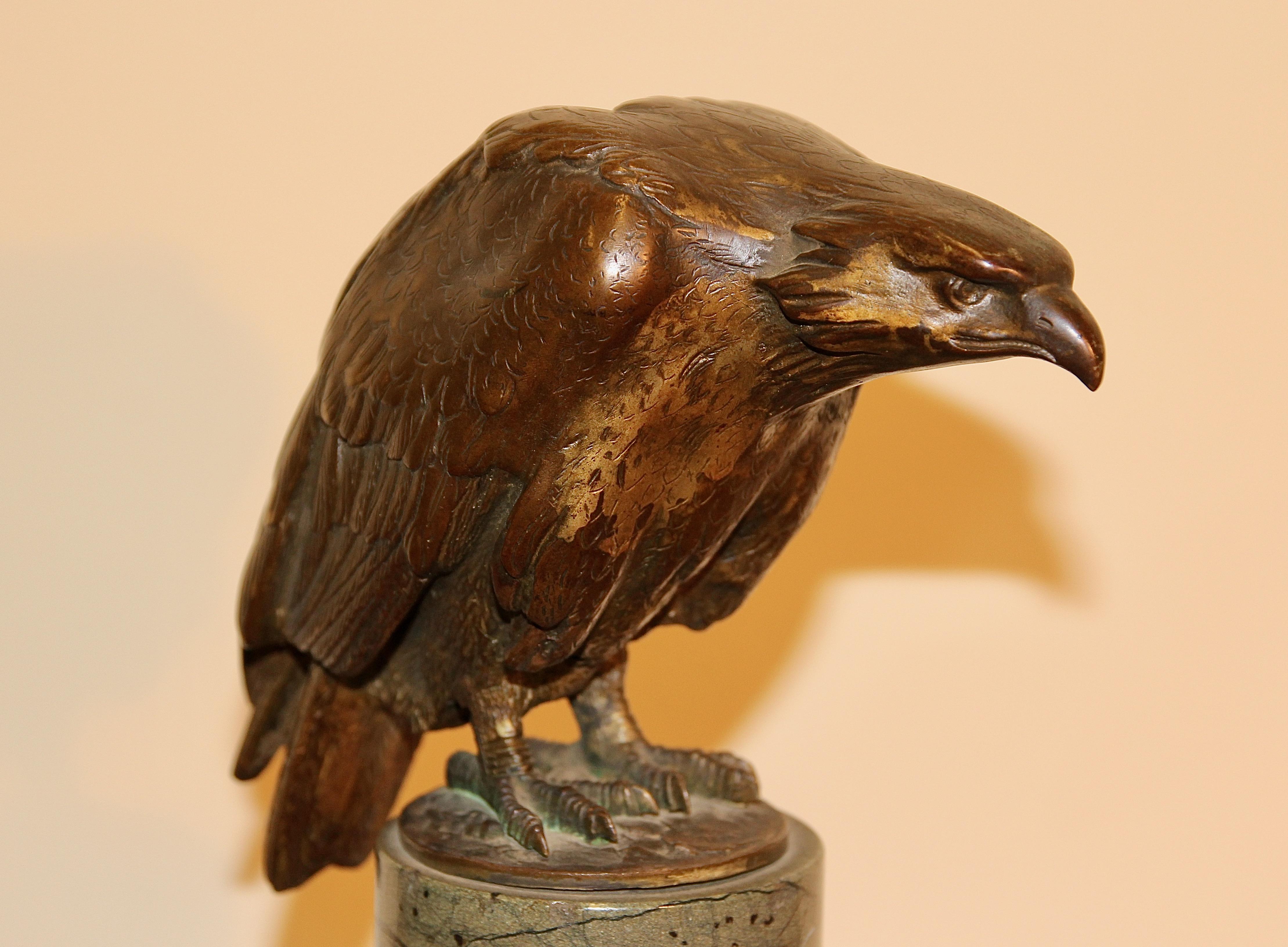 Decorative, Antique Bronze Sculpture of an Eagle, on a Marble Base In Fair Condition For Sale In Berlin, DE