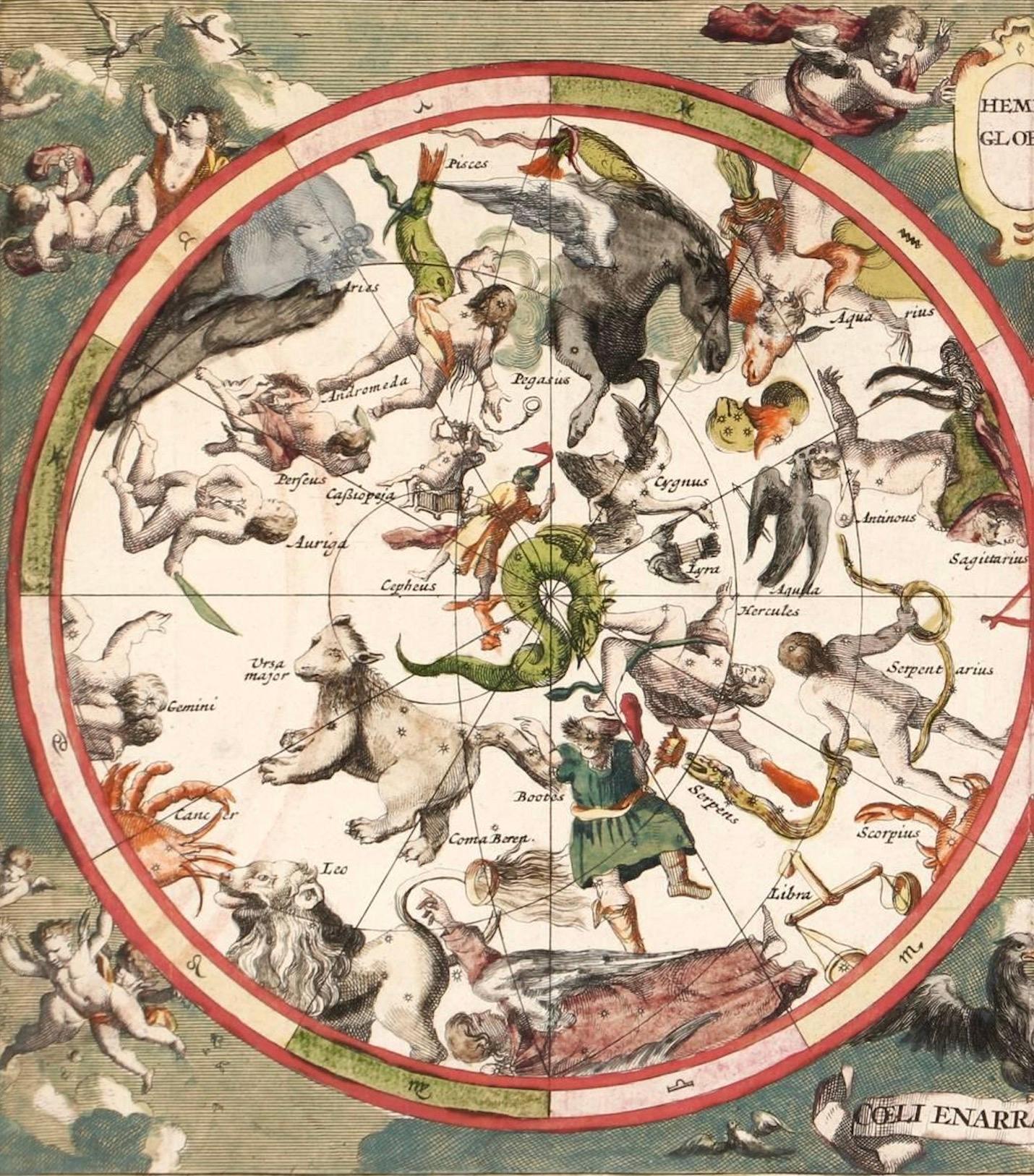 Néerlandais Carte céleste ancienne décorative - Zodiac, étoiles et globe de Hemel, 1720 en vente