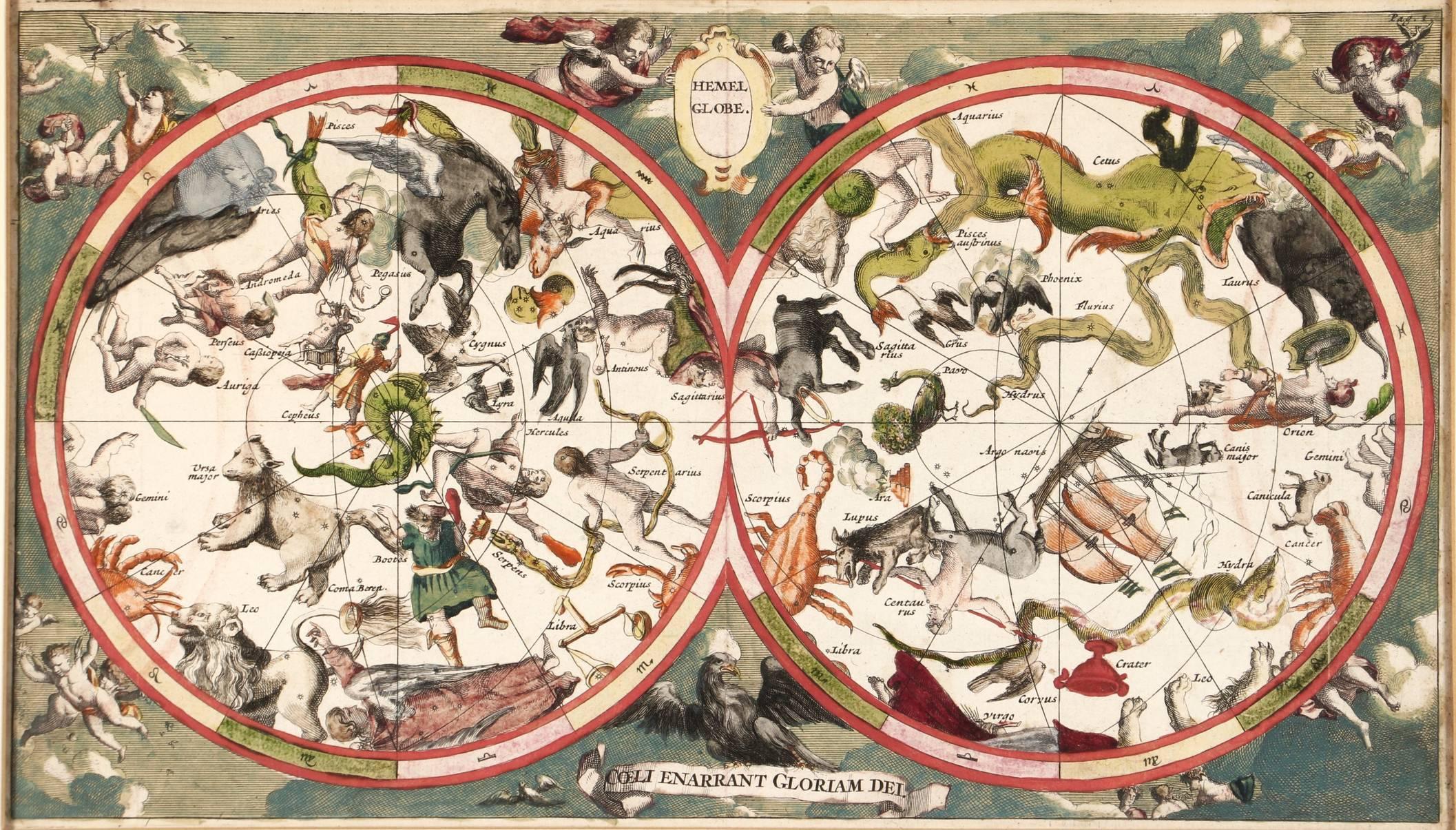 Gravé Carte céleste ancienne décorative - Zodiac, étoiles et globe de Hemel, 1720 en vente