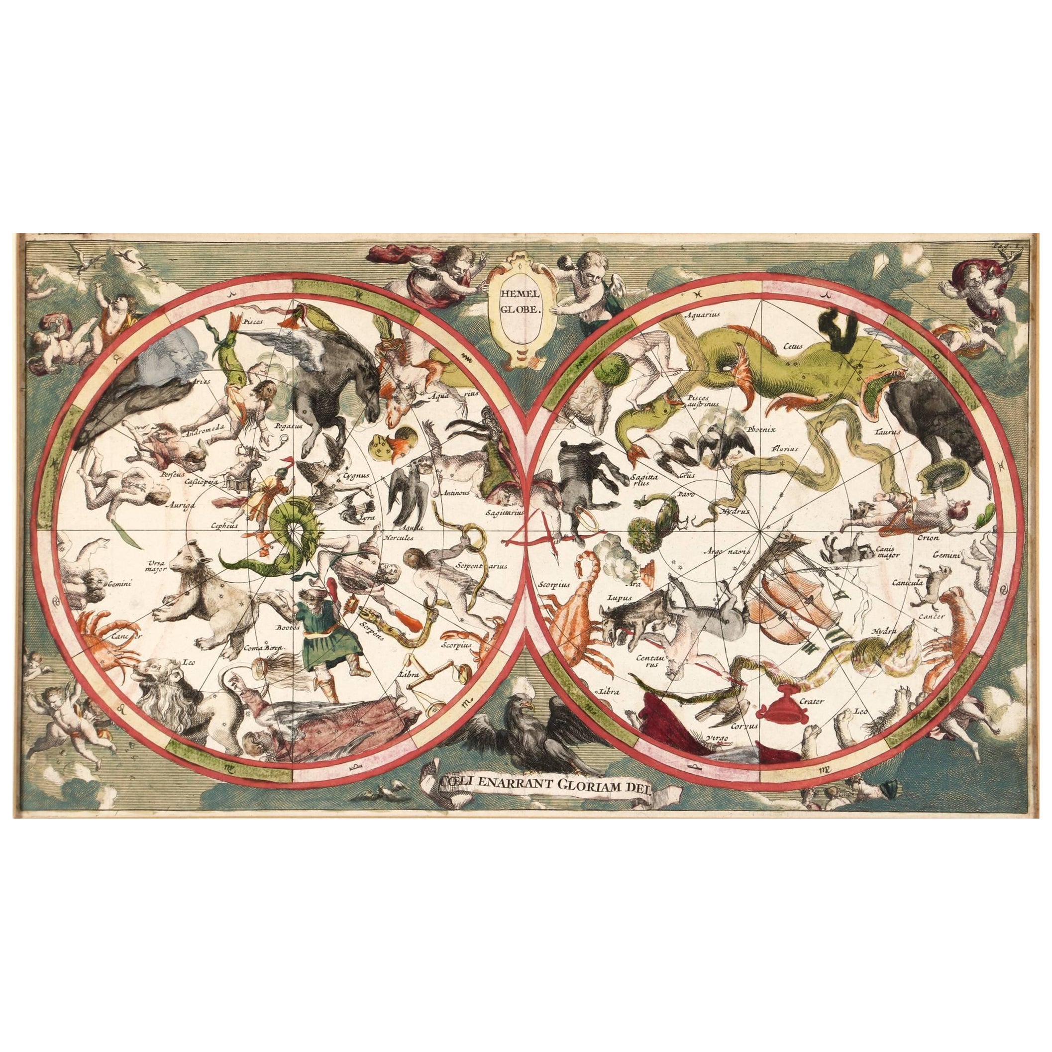 Carte céleste ancienne décorative - Zodiac, étoiles et globe de Hemel, 1720