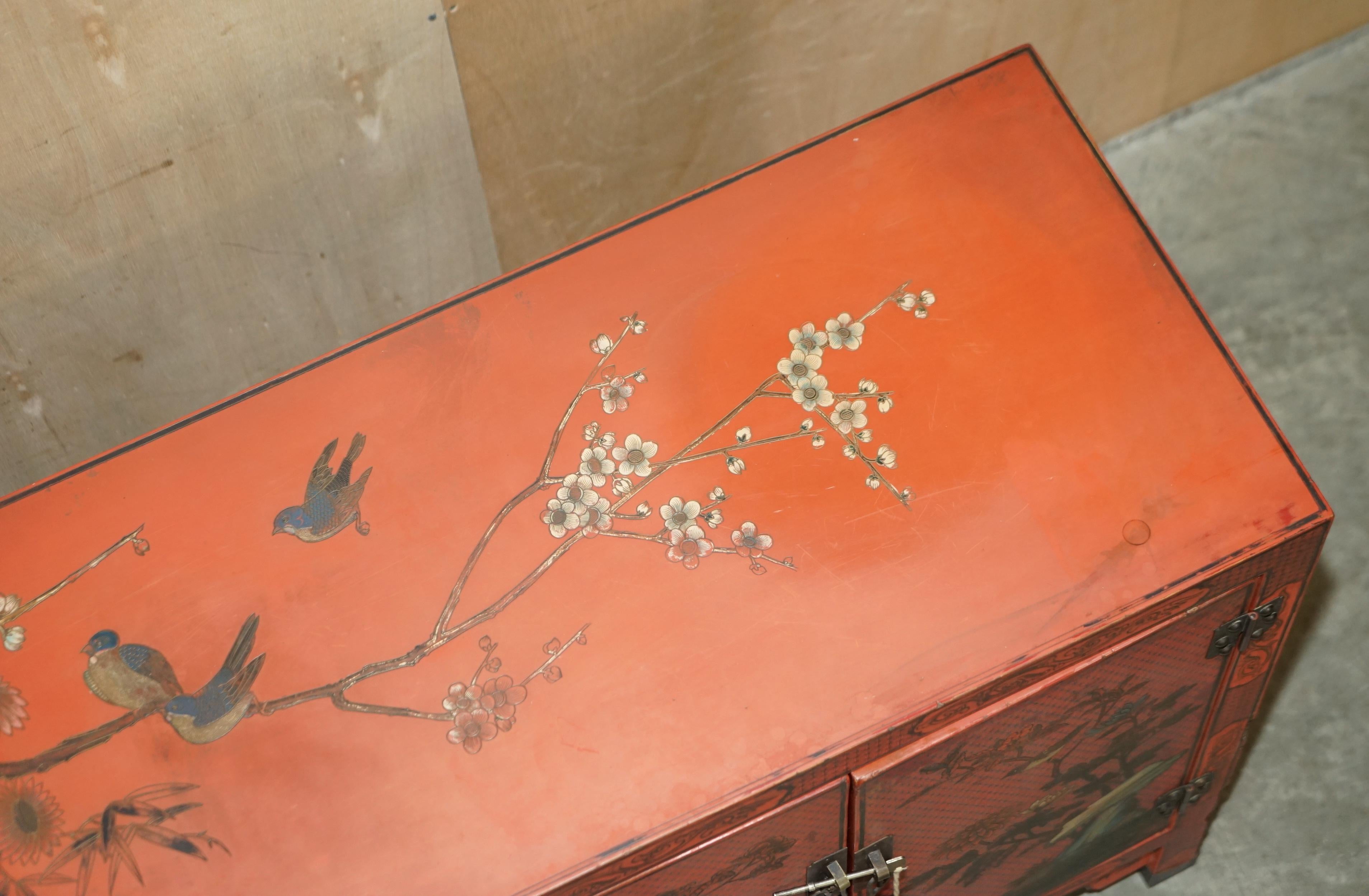 Decorative Antique Chinese Chinoiserie Floral Painted and Lacquered Sideboard For Sale 9