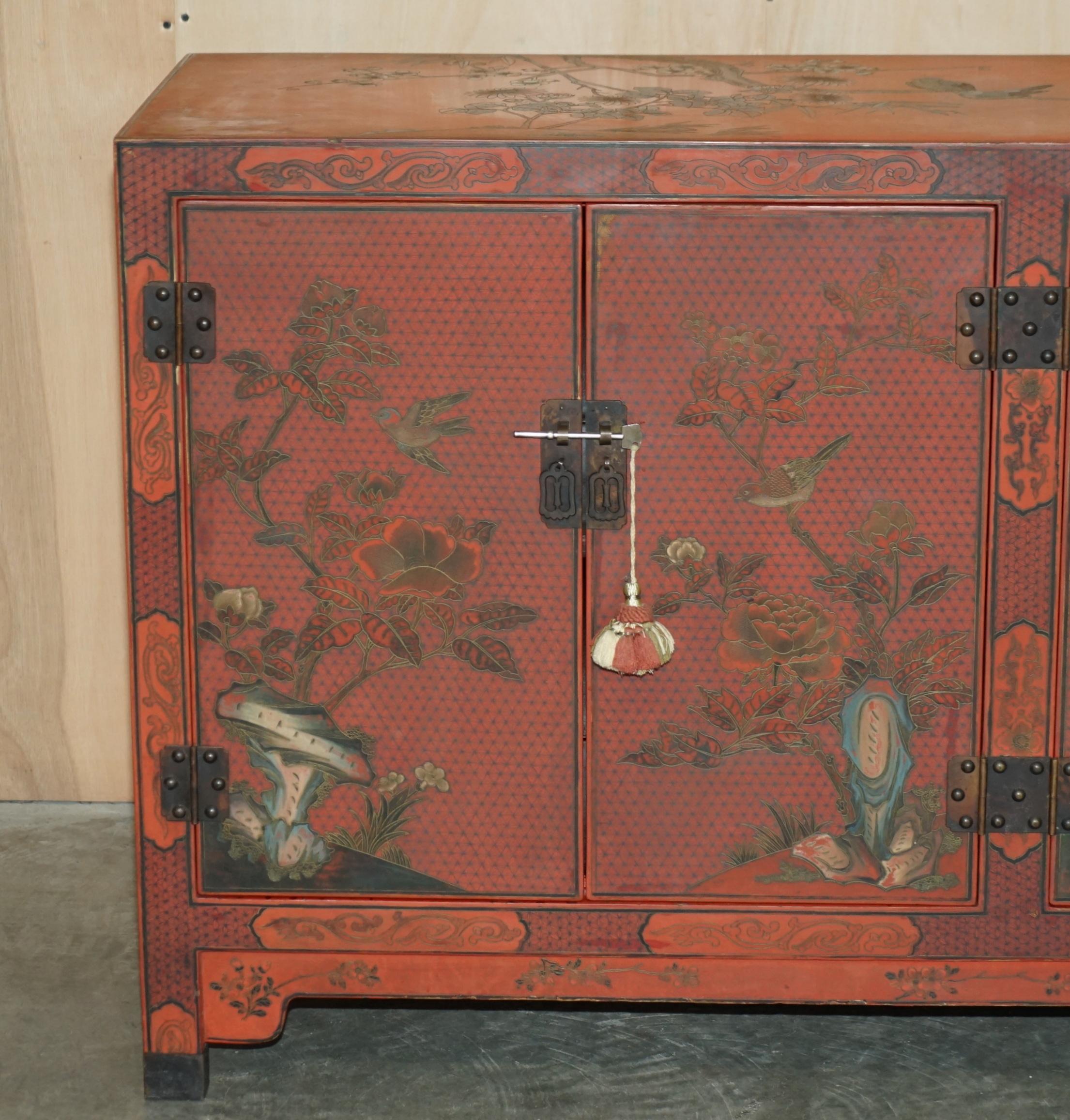 20th Century Decorative Antique Chinese Chinoiserie Floral Painted and Lacquered Sideboard For Sale