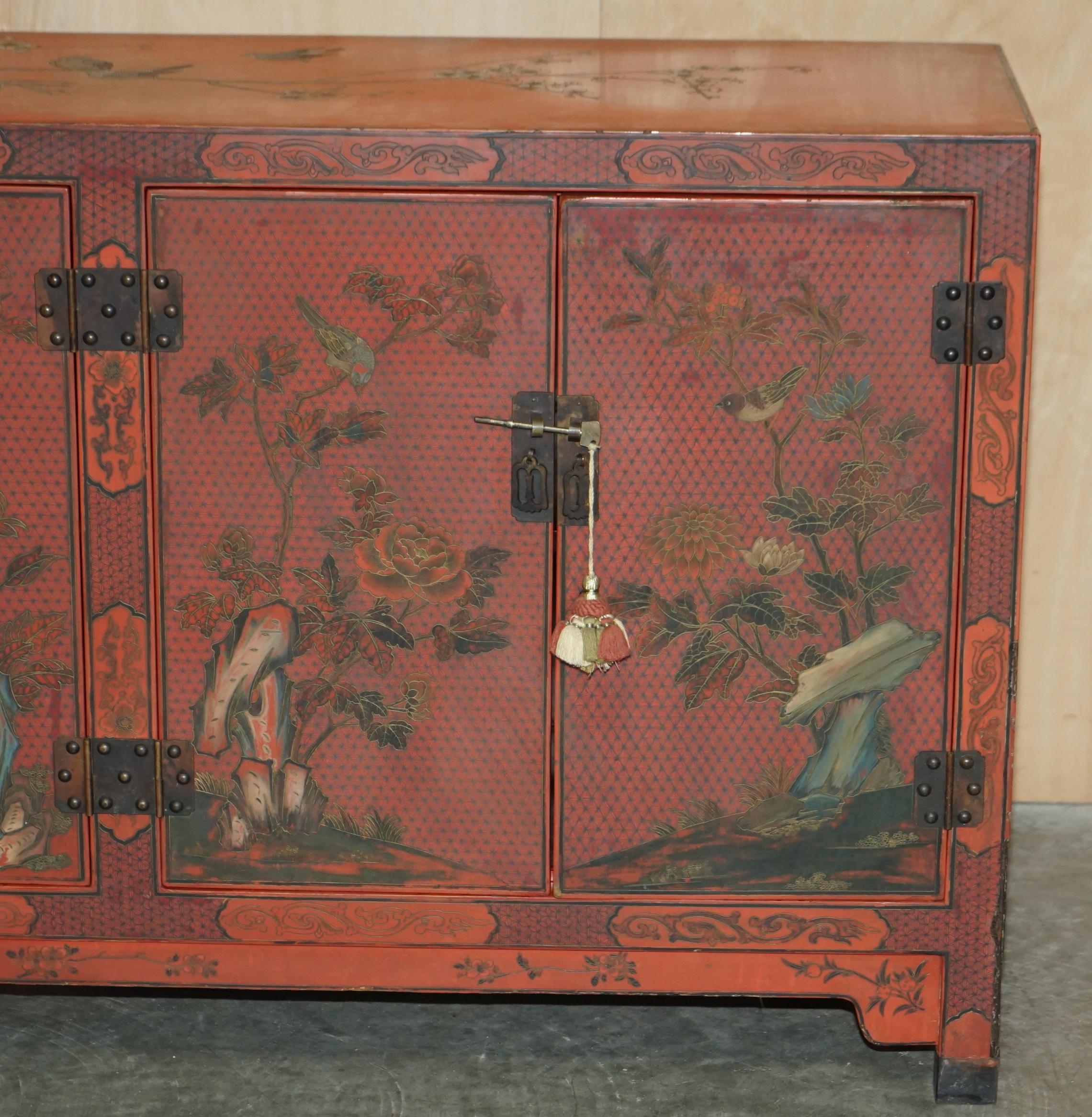 Hardwood Decorative Antique Chinese Chinoiserie Floral Painted and Lacquered Sideboard For Sale