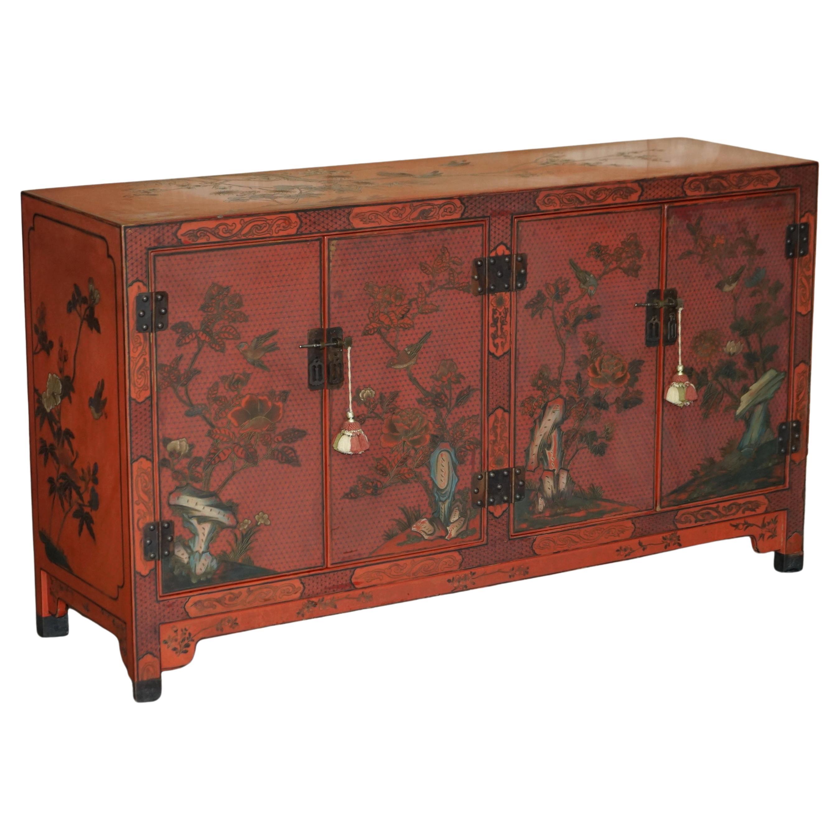 Decorative Antique Chinese Chinoiserie Floral Painted and Lacquered Sideboard