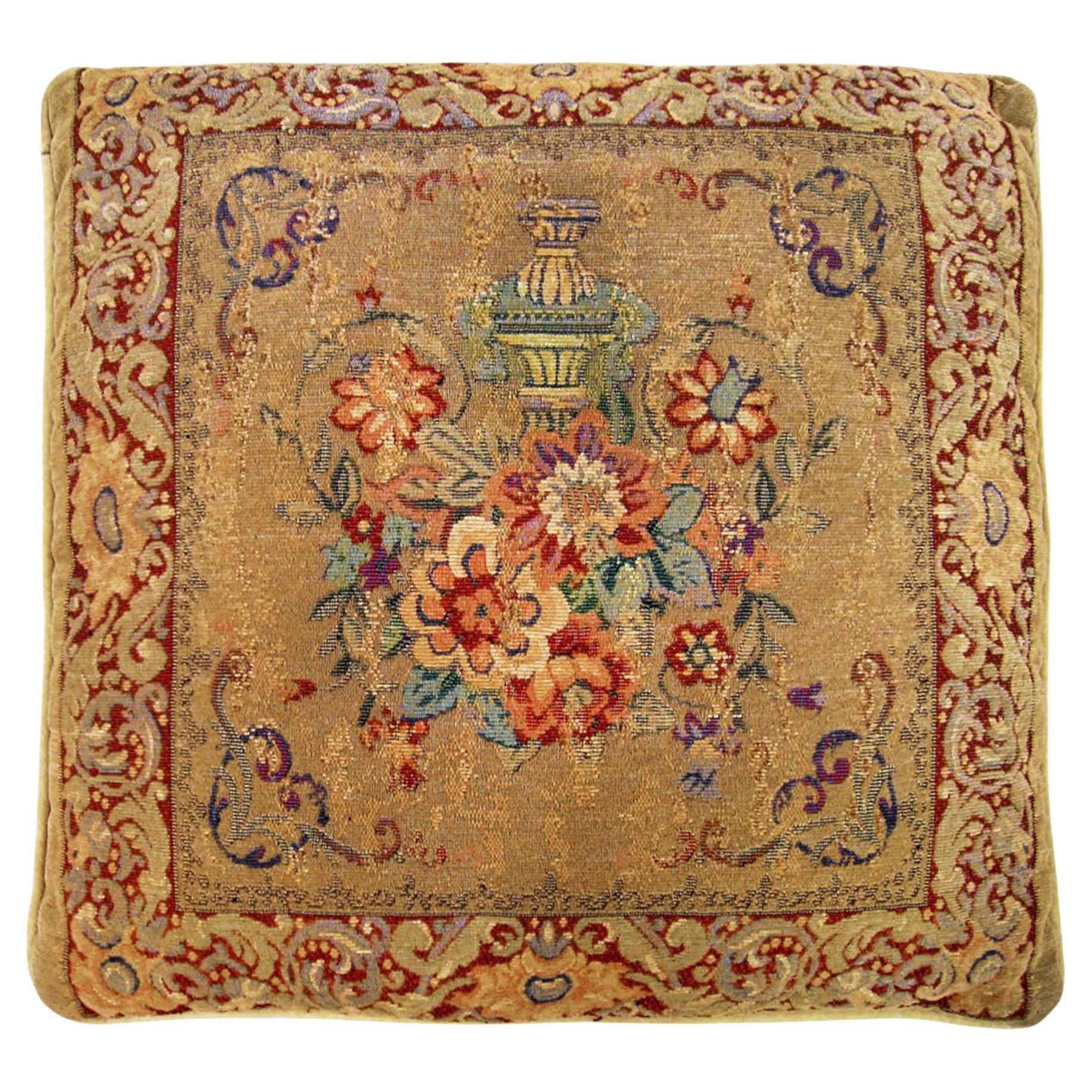 Decorative Vintage French Needlepoint Pillow with Floral Elements For Sale